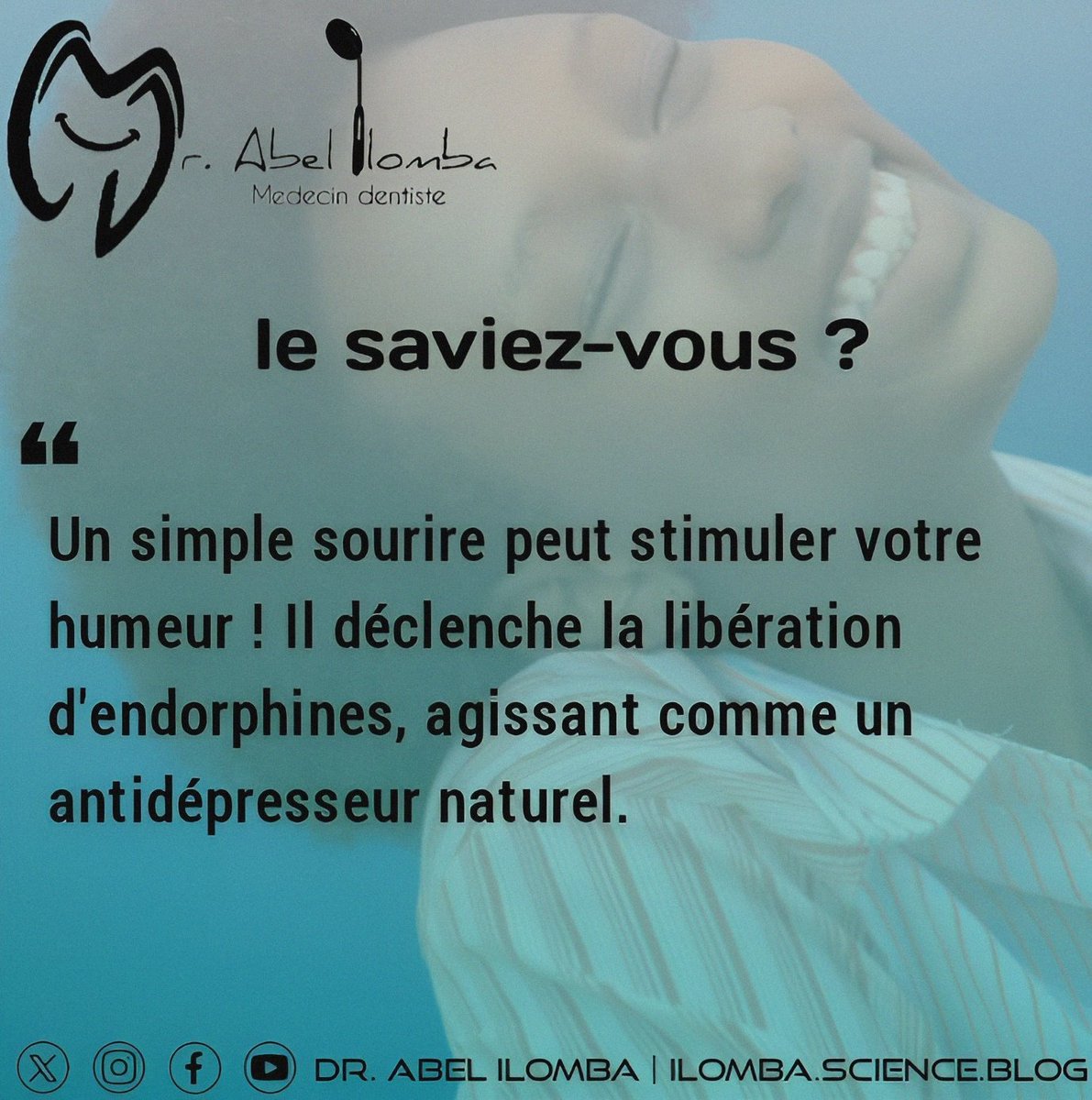LE SAVIEZ-VOUS ?

Un simple sourire peut stimuler votre humeur ! Il déclenche la libération d'endorphines, agissant comme un antidépresseur naturel.

Dr. @Abel_Ilomba