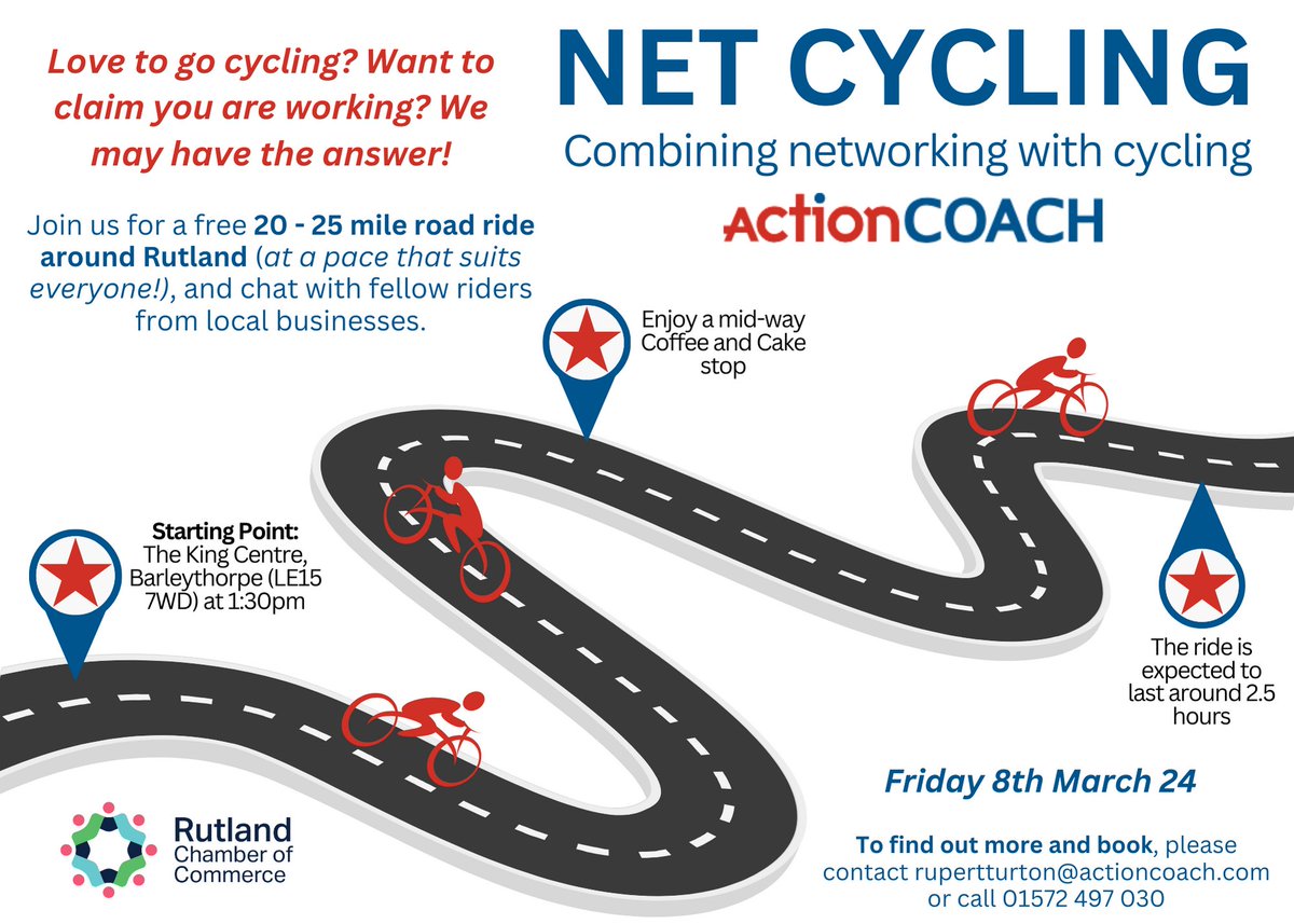 RutlandCham's tweet photo. You're invited to join Actioncoach Oakham &amp; Kettering's next #NetCycling Event!

📅Friday 8th March
🕧1:30pm
📍The King Centre, LE15 7WD

A brilliant opportunity to socialise with local businesses... where networking meets cycling🤝

For more information: https://t.co/75qWINBf2S https://t.co/NWonFKJZ4H
