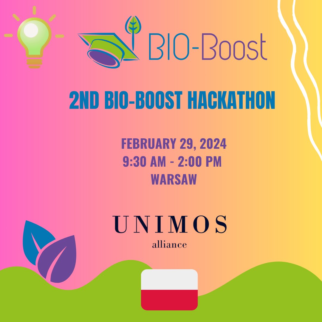 🌱 BIO-Boost Hackathon in Poland! 🚀 @unimos_alliance is organizing the 2nd BIO-Boost Hackathon: 📅 Date: February 29, 2024 🕒 Time: 9:30 AM - 2:00 PM 📍 Location: Warsaw Stay tuned for results! 💚 #BIOBoostHackathon #Bioeconomy #Innovation