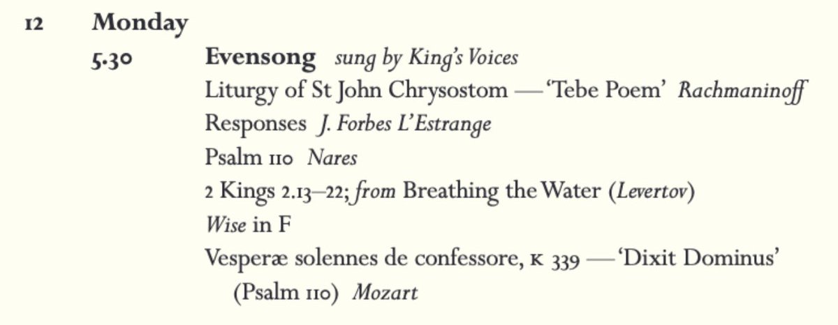 Evensong today at 17:30 features works from Rachmaninoff, @ForbesLEstrange, Nares, Wise, and Mozart -- all welcome! (A reminder that if you’re a @Kings_College or @Cambridge_Uni member, you can get special seats in Chapel by showing your University Card)