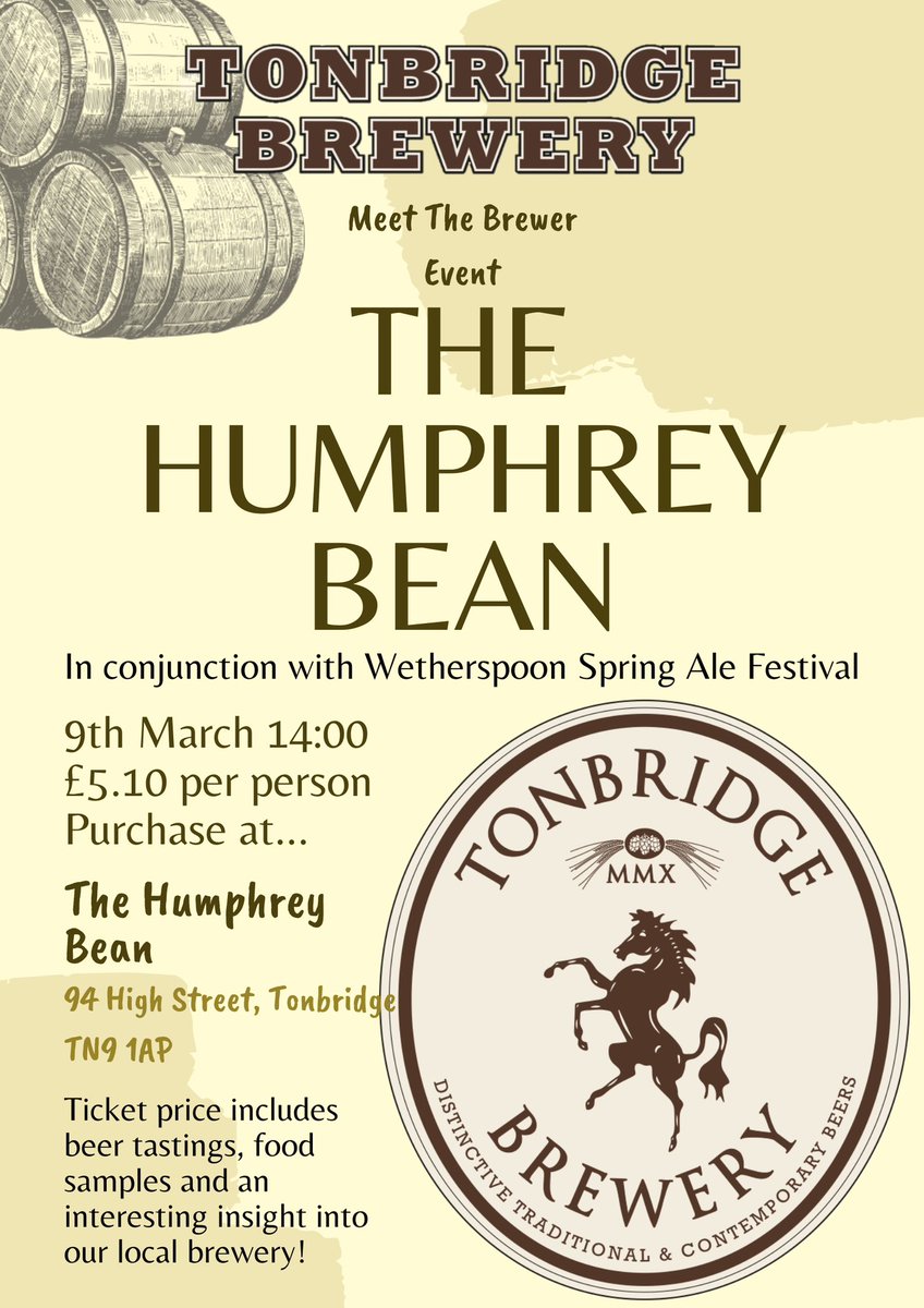 ICYMI: On Sale Now! 🎟️

The Humphrey Bean’s upcoming meet the brewer event with <a href="/TonbridgeBrewer/">Tonbridge Brewery</a> has a limited number of tickets left. 🍻

📍 94 High Street, Tonbridge TN9 1AP

At just £5.10 a ticket enjoy a pint of real ale on arrival, entry at 2pm as well as food tastings. 🍔