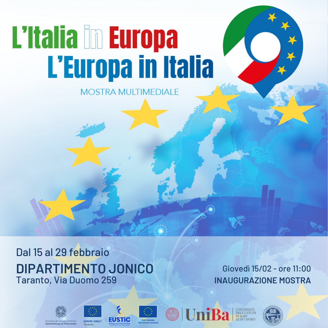 DipPoliticheUE's tweet photo. ‼️ "L'Italia in Europa - L'Europa in Italia"
📆 Dal #15febbraio siamo a #Taranto per un nuovo appuntamento con la nostra mostra fotografica multimediale e interattiva
🇪🇺🇮🇹  Un viaggio in 70 anni di integrazione europea e non solo, in oltre 400 e 29 video
🔗https://t.co/jTNwlDWHrV https://t.co/cao6cLs7xb