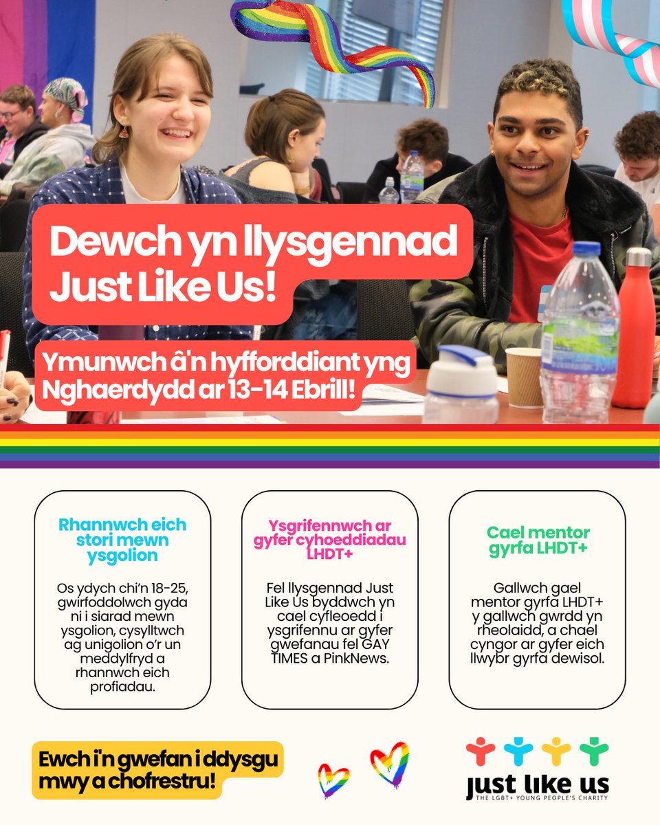 JustLikeUsUK's tweet photo. 🌈🚨Just announced! Just Like Us is bringing our ambassador training session to Cardiff, and we're calling all aspiring advocates for LGBT+ equality to join us!🏳️‍🌈🏴󠁧󠁢󠁷󠁬󠁳󠁿

As an ambassador, you’ll inspire young people in schools, championing inclusivity and understanding. This is your chance to make a real impact, share your story, and to empower others to embrace their true selves. 

Other perks of being a Just Like Us ambassador include: 
✍🏼 Write for outlets like @GayTimes, @PinkNews and more!
🫶 Get matched with your own LGBT+ career mentor
✨ Take part in skills workshops that you can add to your CV
🌈 Meet lots of new LGBT+ friends!

📆 Our Cardiff ambassador training session takes place on 13-14 April!

To become an ambassador, you must be 18-25 and LGBT+. Sign up now on our website!🏳️‍🌈🏳️‍⚧️