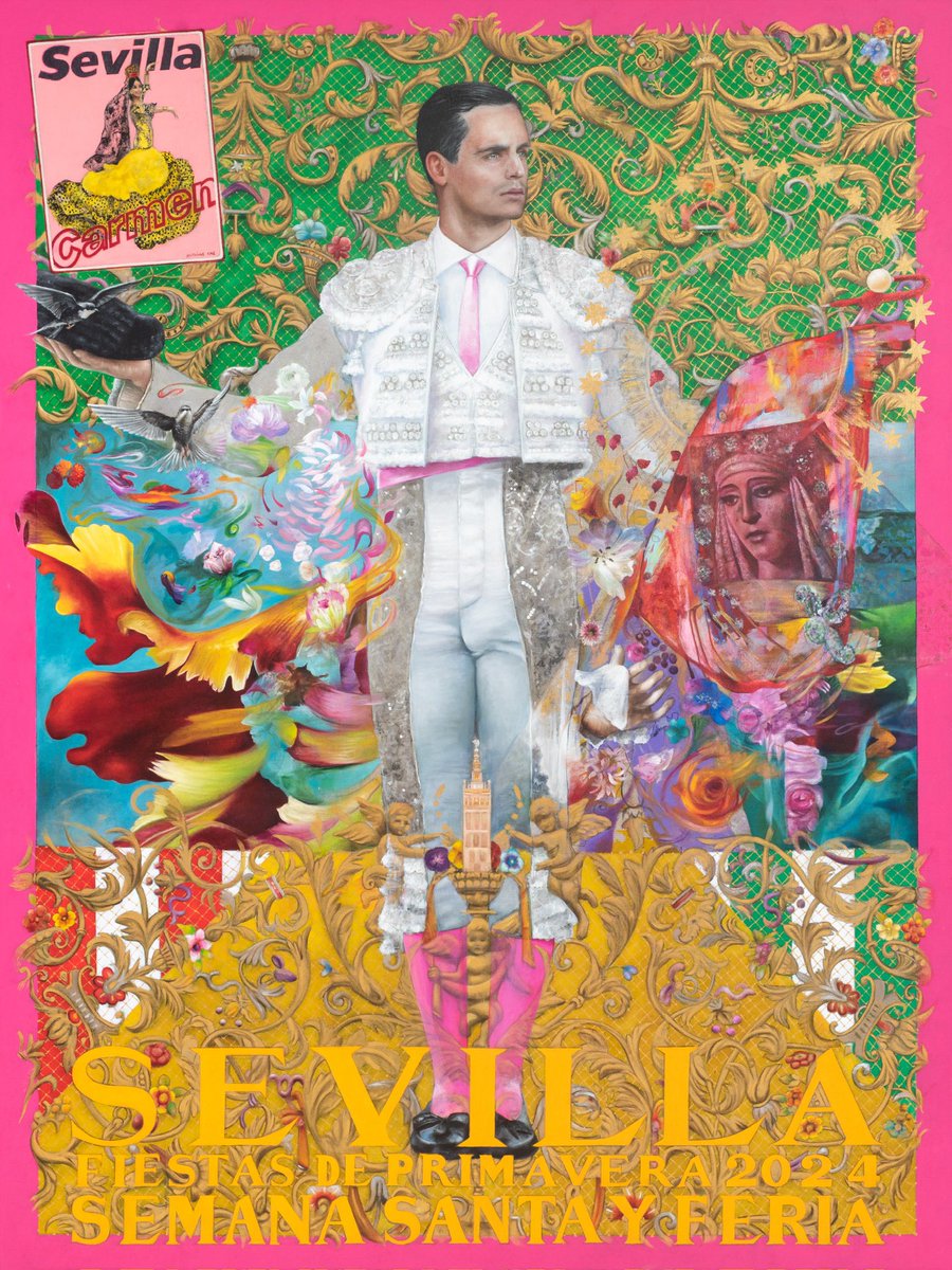 Ayto_Sevilla's tweet photo. 🎡✝️🐂 #Sevilla anuncia las Fiestas de la Primavera de 2024 con el cartel realizado por @AntonioCasamit1.

El torero David Galván, la ópera 'Carmen', las casetas de la Feria, la Esperanza de Triana y el manto «camaronero» de la Macarena, unidos en una pintura llena de color. 🎨🖌️ https://t.co/NUhsjGRg64