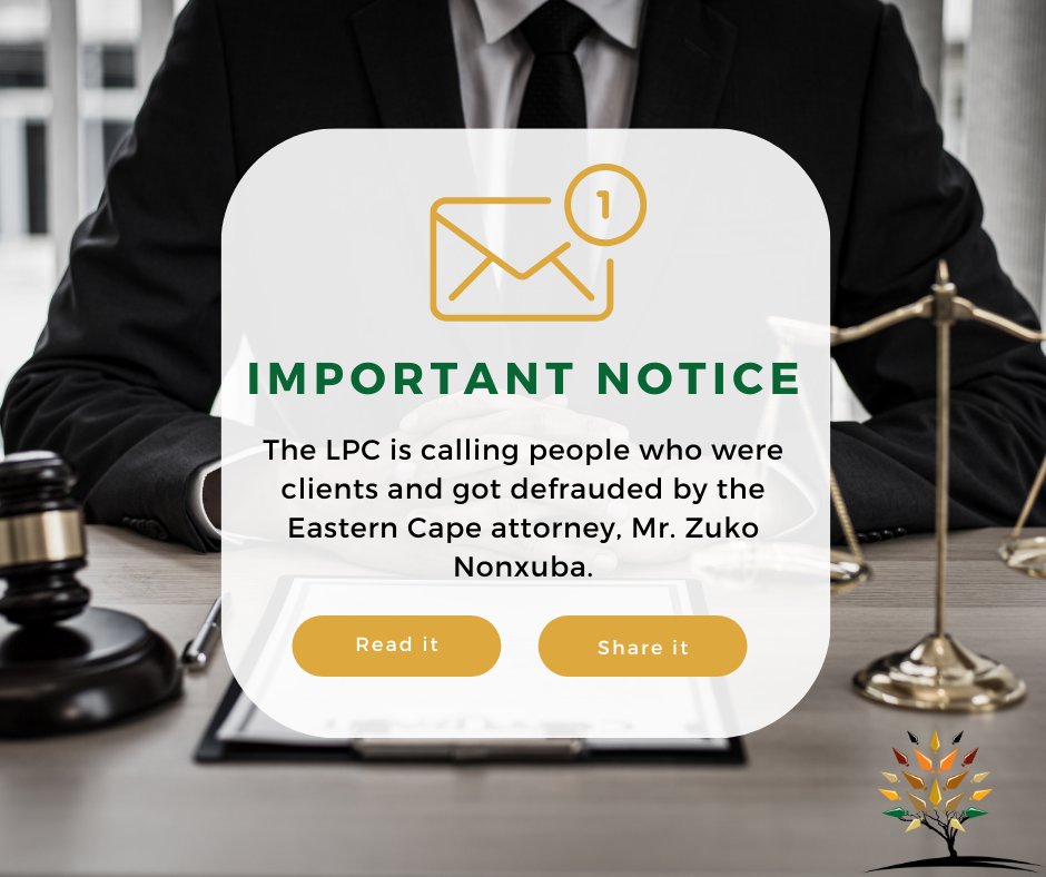 The LPC is calling people who were clients and got defrauded by the Eastern Cape attorney, Mr. Zuko Nonxuba, to come forward as the organization wants to disseminate the funds recovered from his trust account to the victims.
Read more: guardianreport.co.za/legal-practice…