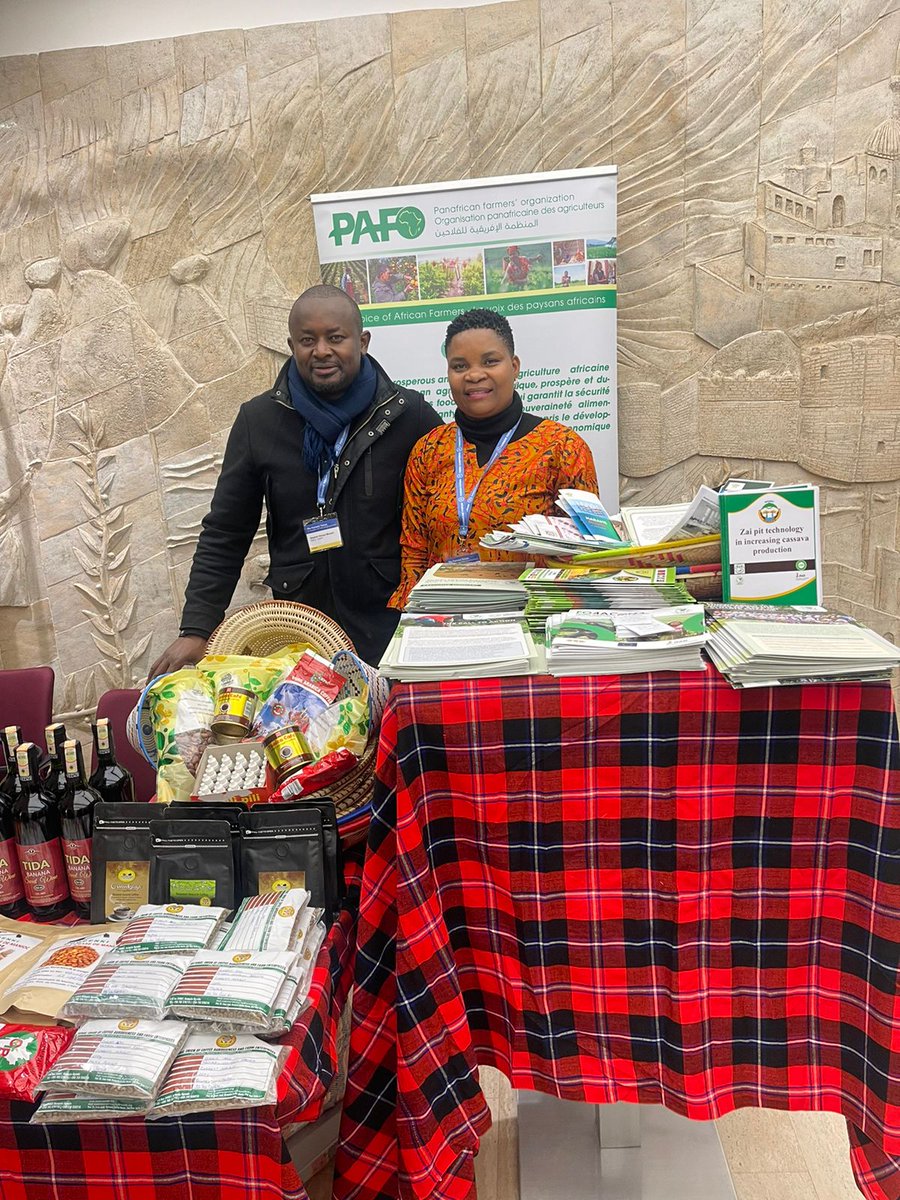 EAFF delegations at @IFAD showcasing Innovations #agriculture produced by #EAFF National Farmers Organizations (NFOs) members Mr Stephen Muchiri (CEO), @elizabethnsima (President), NFOs Capad, Lofepaco and INGABO CEOs present at the IFAD #GFOFA2024