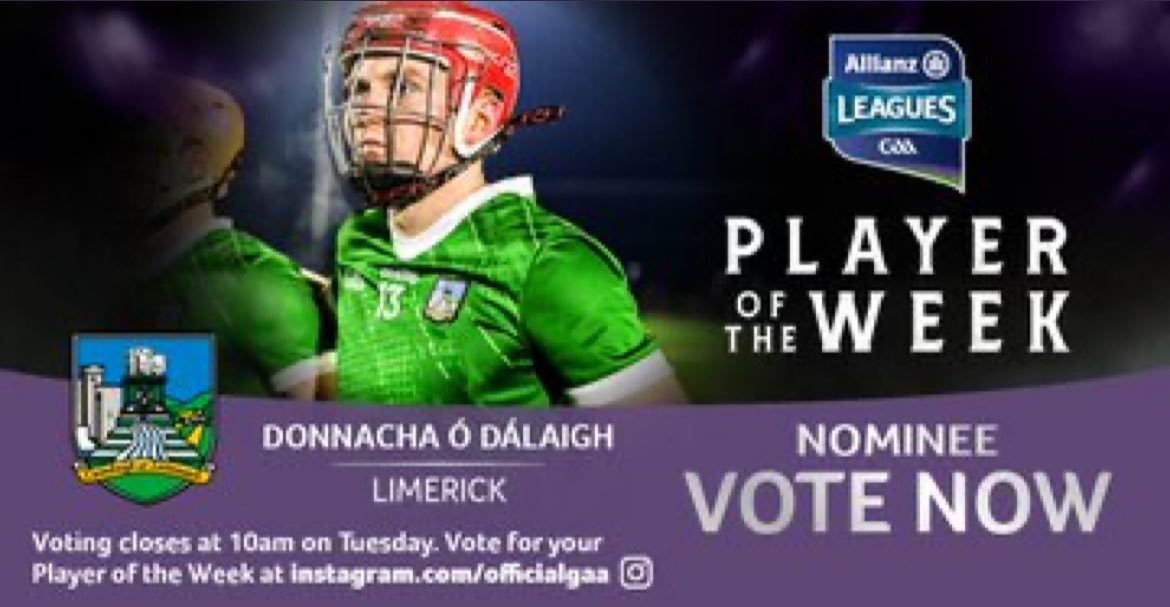 LimerickCLG's tweet photo. Let’s give Donnacha a Vote:
Ó Dálaigh delivered a sparkling individual display, securing 1-4 for Limerick from open play, including the decisive goal that clinched the victory in favor of the Treaty! Is he your Hurler of the Week? Vote now on the @officialgaa Details on poster https://t.co/FoYTVp9Hz3