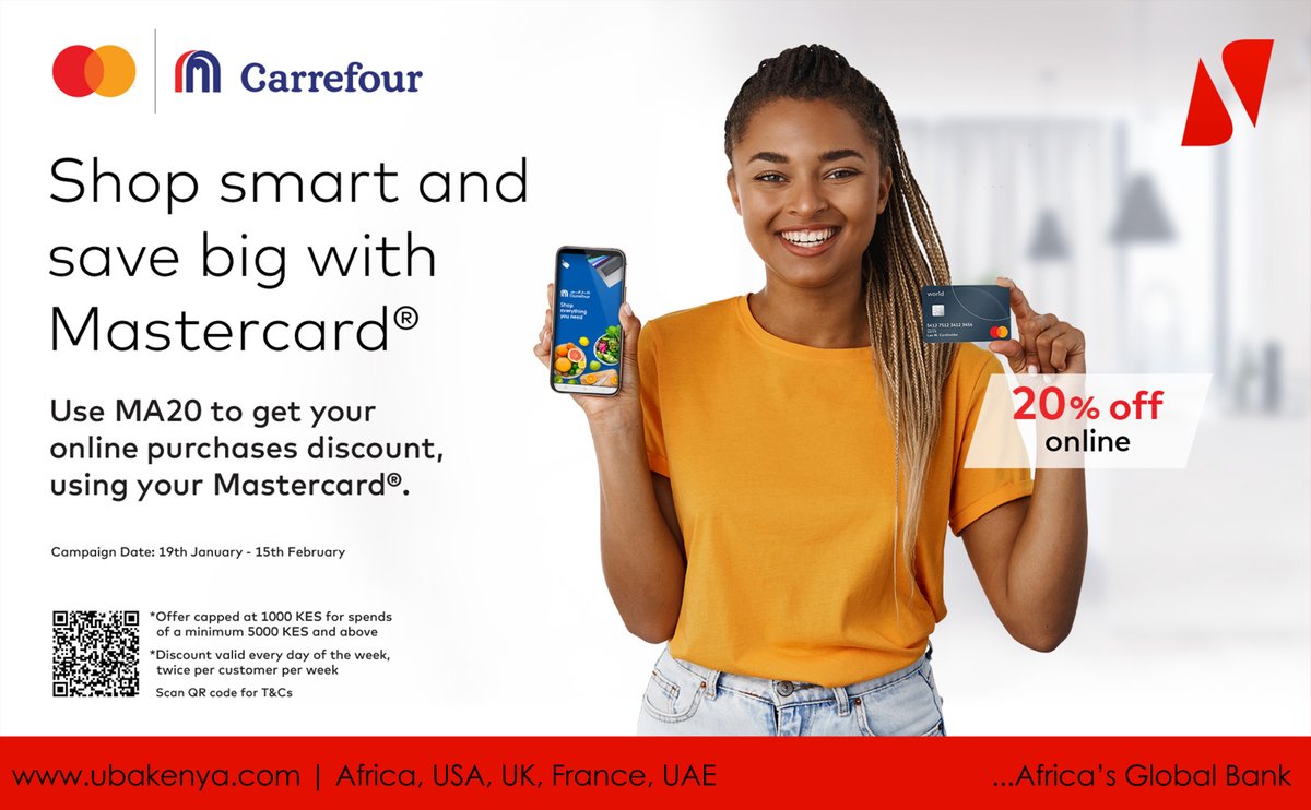 UBA_KE's tweet photo. Elevate your online shopping experience with UBA Mastercard! 🌟💳 Make smart choices and enjoy an exclusive 20% discount (capped at 1000 KES) for transactions over 5000 KES. Max your savings with every click! 💸 Valid every day, twice per week.
#UBAMastercard
#Carrefour https://t.co/n2MOogrq49