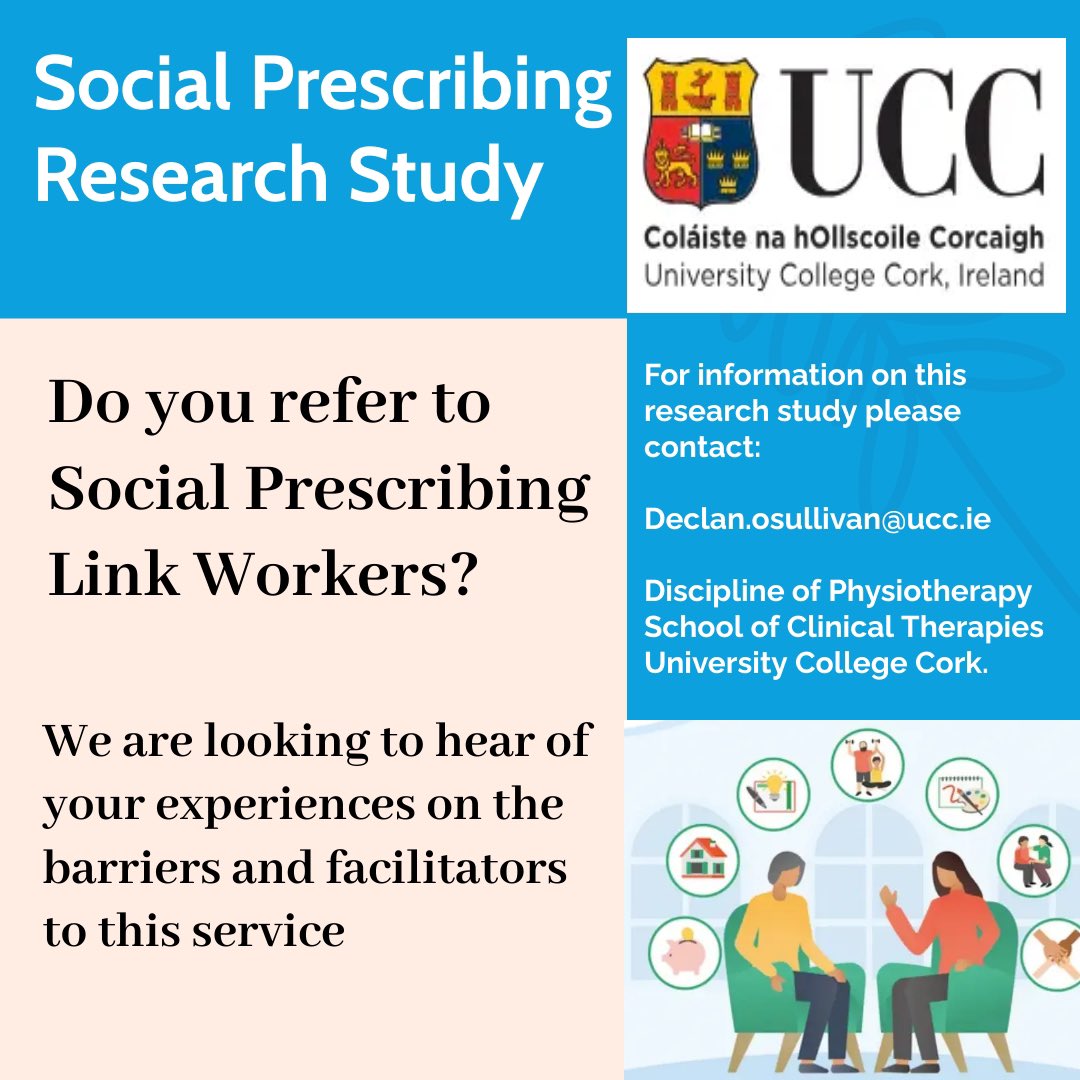 We are keen to speak with those who refer people to Social prescribing interventions in Ireland @ICGPnews @_ISCP_ @AOTInews @IASW_IRL @NMBI_ie @ireland_social @HopewellDan @uccphysio @UCC @UCCMedHealth @mcveigh_joe @janasharrington