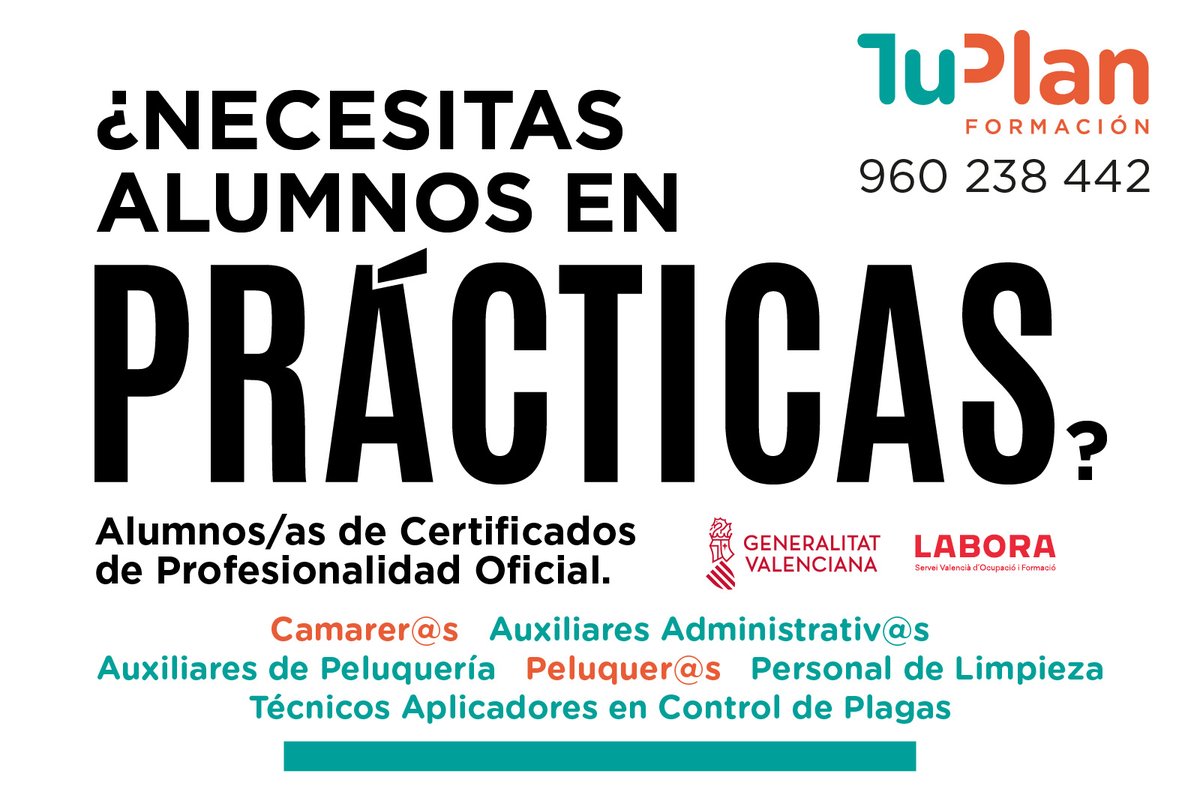 tuplanformacion's tweet photo. ¿Quieres en tu empresa Alumnos de Certificados de Profesionalidad Oficial.
Camarer@s,Auxiliares Administrativ@s, Auxiliares de Peluquería   Peluquer@s, Personal de Limpieza o Técnicos Aplicadores en Control de Plagas.
Ponte en contacto con nosotros.
+ info: en nuestra web. https://t.co/riboifzGc6
