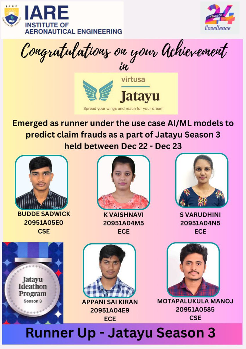IAREHyd's tweet photo. Warmly extending our Congratulations and best wishes to our students who have participated and earned the position of runners in the Jatayu 2022-203 season conducted by Virtusa

#iare #telangana #hyderbad #india #engineeringlife #engineering #virtusa #engineeringstudent https://t.co/4IFlzedHGJ