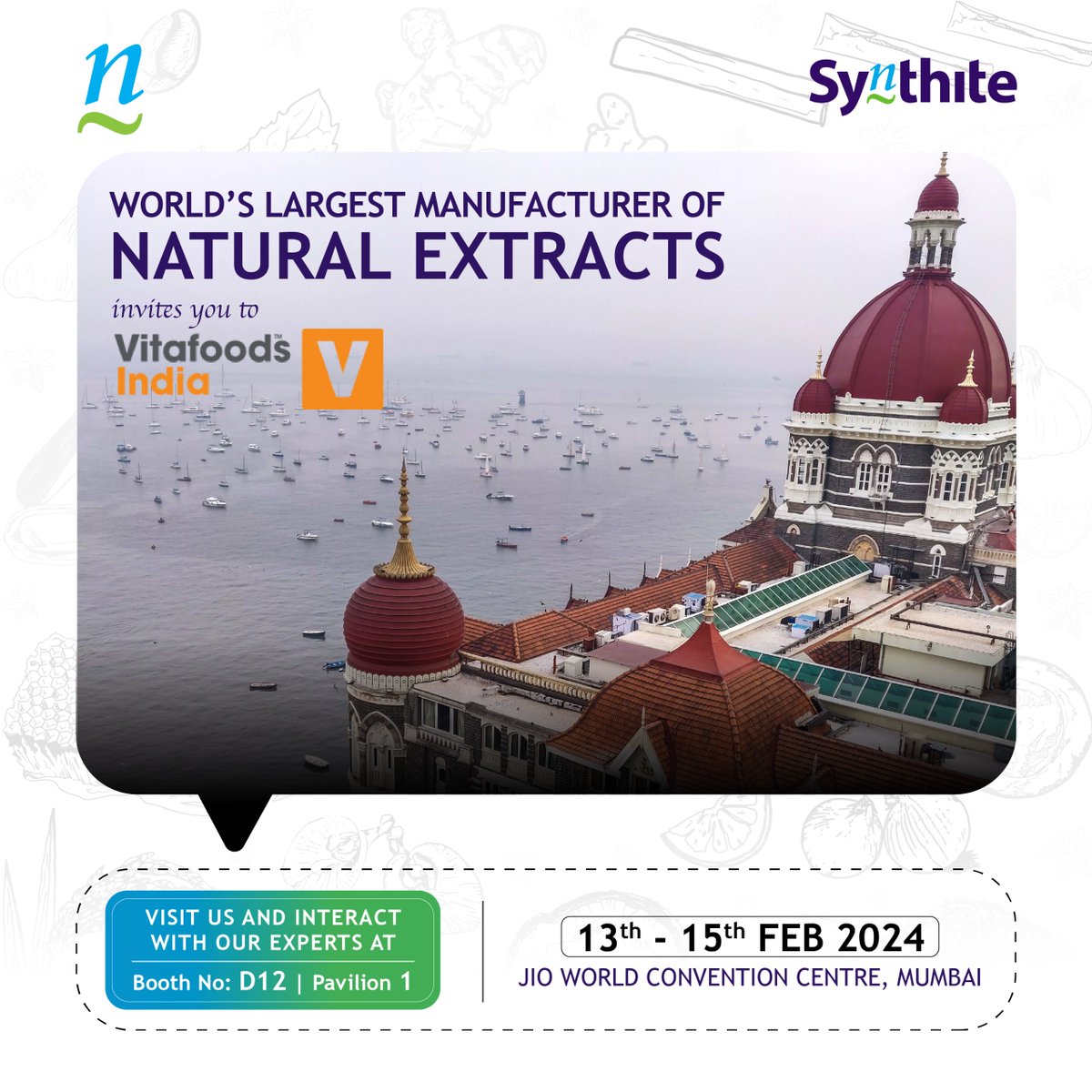 Join us at the Vitafoods India 2024.

#Synthite #Spice #Oleoresin #Vitafoods2024
#SynthiteIndustriespvtltd #Manufacturer #FoodingredientsGlobal #Neaox #Natxtra #Trends #Health #Food #FMCG #Markets #flavour #fragrance #trends #health #food #FMCG #markets #exhibition #expo