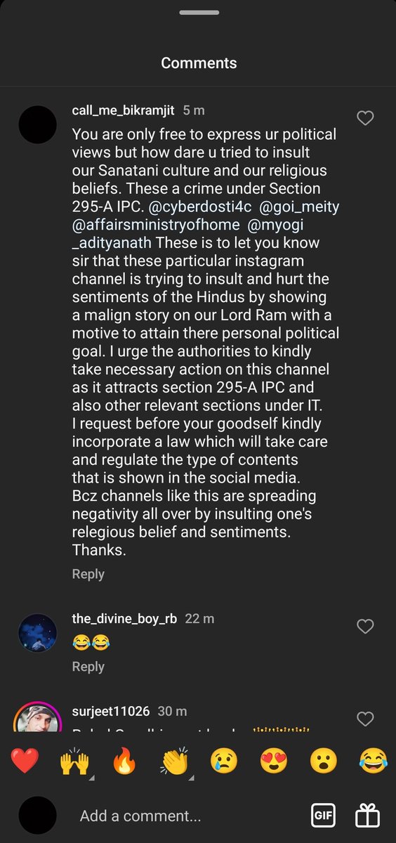 BikromjitBhatt2's tweet photo. @assampolice Kindly please take  cognizance of this Instagram account https://t.co/P3IeBHLIHU who is trying to fuel a breach of peace in the society by hurting the religious beliefs &amp; sentiments of Hindus by showing a malign story on Lord Rama and by violating Section295-A of IPC https://t.co/XwTAGSFST8