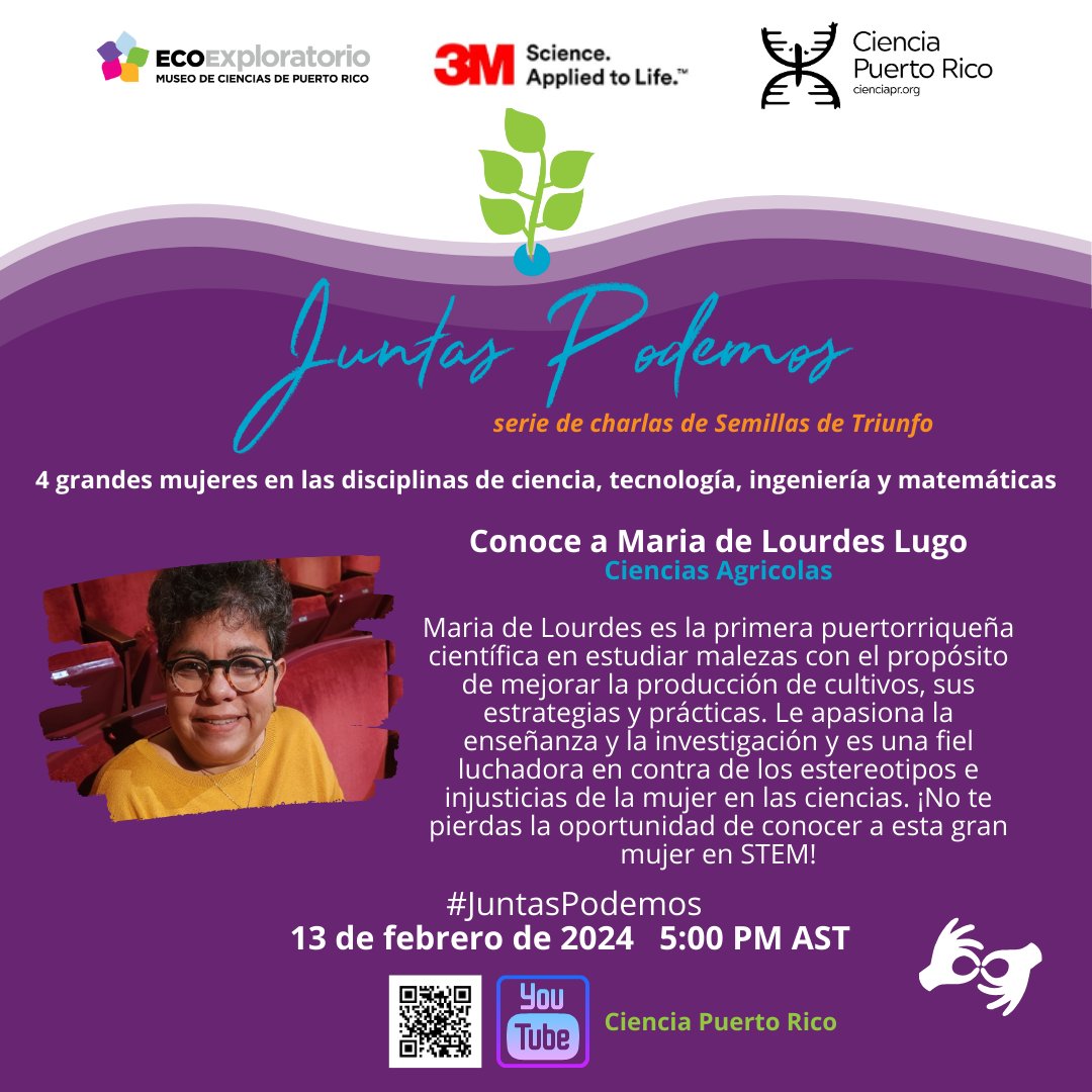 Únete a la fascinante charla sobre la investigación de María de Lourdes Lugo en malezas e impacto en la producción de cultivos mañana a las 5PM.  ¡Acompáñanos en vivo en nuestro canal de YouTube, participa en el sorteo STEM y celebremos la ciencia juntos! youtube.com/live/Wj8zX8YEg…