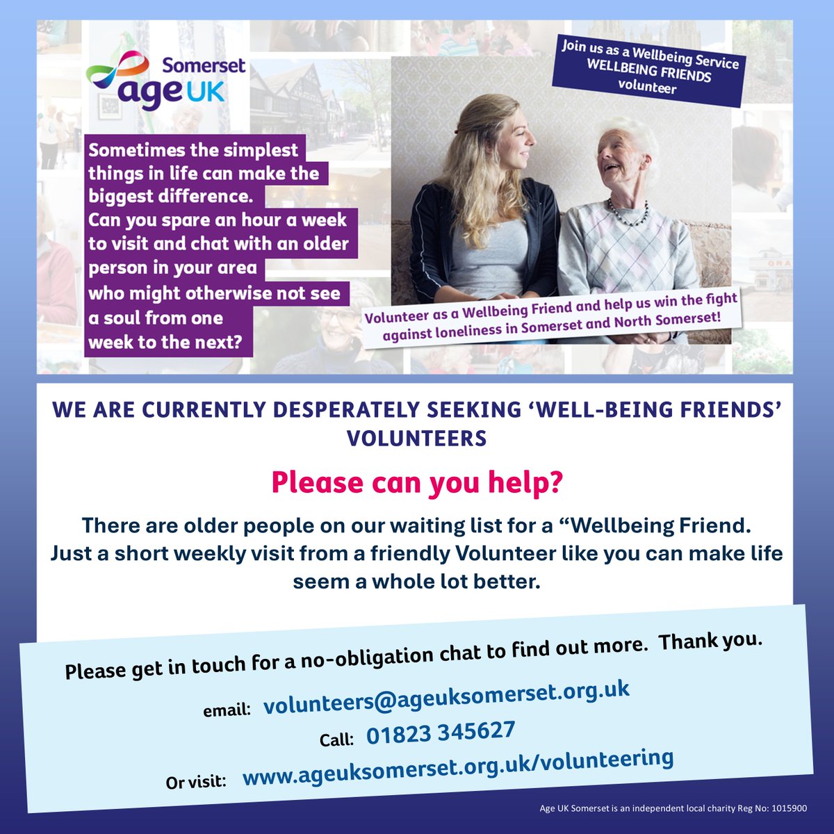 For #olderpeople struggling with #loneliness in #Somerset &amp; #NorthSomerset our Wellbeing service is a lifeline. 
Sadly in some areas we have people waiting for the service but no volunteers to make a visit - our map shows where. Please can you help? 🙏🏻
ageuk.org.uk/somerset/get-i…