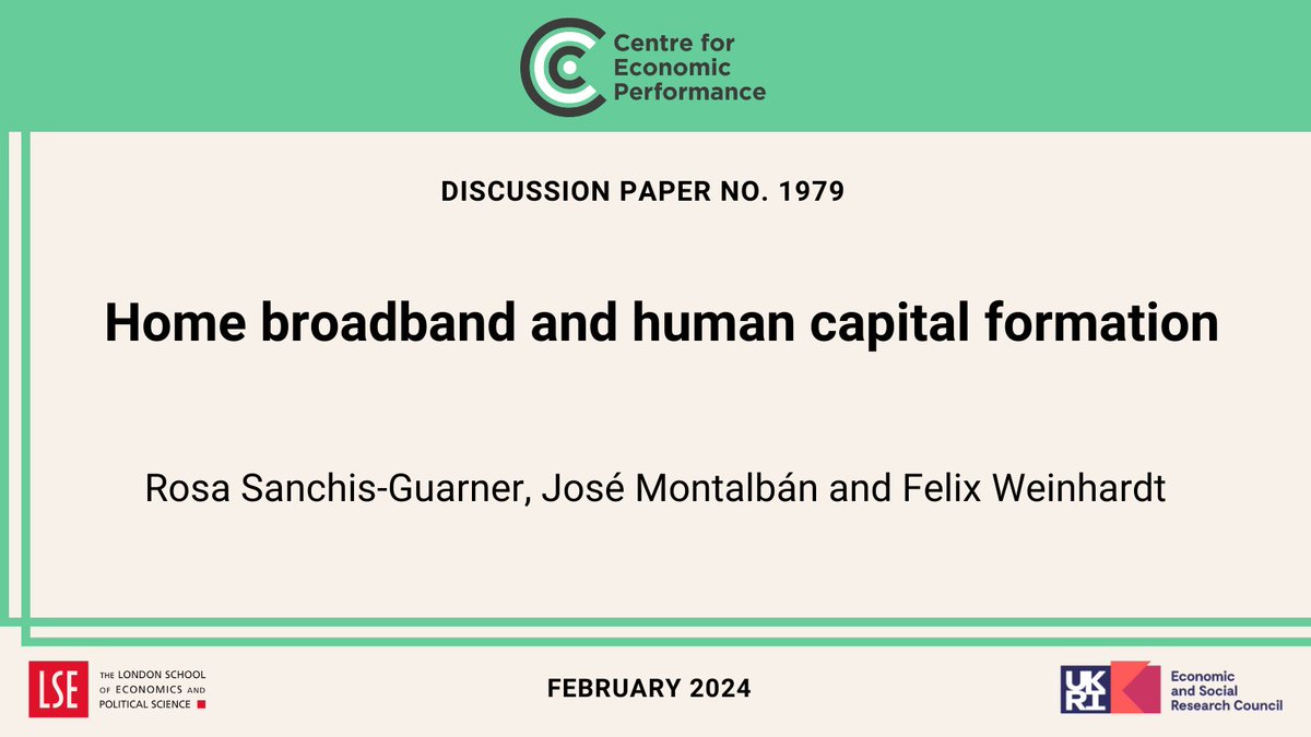 Centre for Economic Performance (@cep_lse) on Twitter photo . <a href="/RosaSanchisG/">Rosa Sanchis-Guarner</a> <a href="/jmontalbancas/">José Montalbán Castilla</a> and <a href="/FelixWeinhardt/">Felix Weinhardt</a> reveal that an increase in broadband speed at home results in higher test scores, particularly for students from a more advantaged socio-economic background.
Read: ow.ly/ZKht50QzhmW . <a href="/RosaSanchisG/">Rosa Sanchis-Guarner</a> <a href="/jmontalbancas/">José Montalbán Castilla</a> and <a href="/FelixWeinhardt/">Felix Weinhardt</a> reveal that an increase in broadband speed at home results in higher test scores, particularly for students from a more advantaged socio-economic background.
Read: ow.ly/ZKht50QzhmW