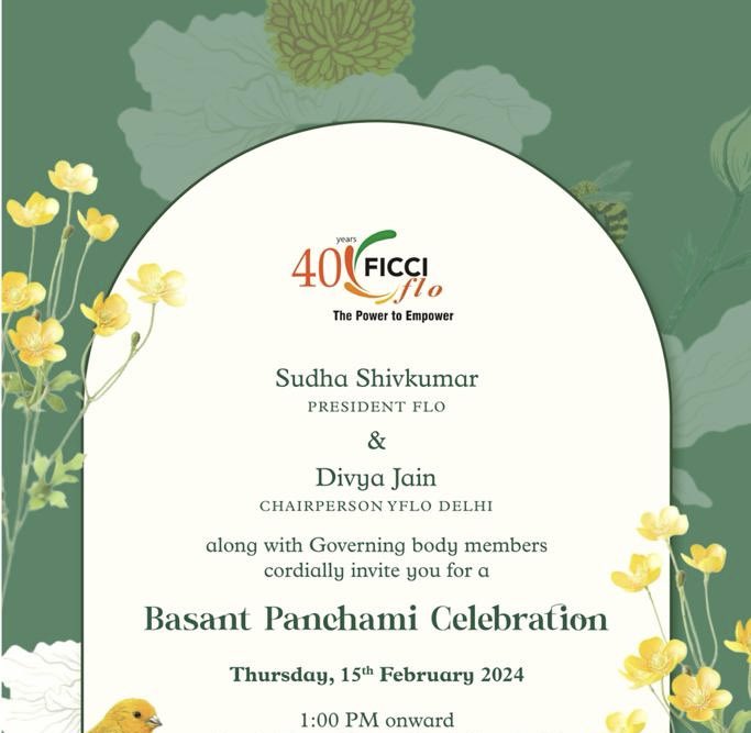 @shivkumarsudha National president FLO &amp;  <a href="/divsjainseekho/">Divya Jain</a> chairperson @yflodelhi cordially invites you to Basant Panchami celebrations on Thursday  Feb 15, 2024  at  ,  1.00 PM onwards <a href="/poonamsharma56/">poonam sharma</a> <a href="/htcity/">HT City</a> <a href="/sonalkalra/">Sonal Kalra 🇮🇳</a>