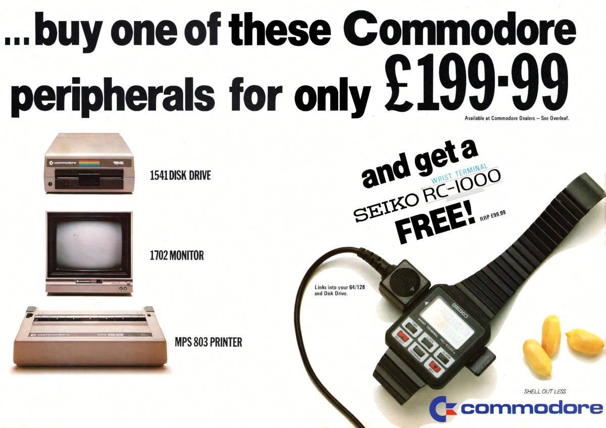 UK #Commodore64 advertisement.  Buy a Commodore 64 peripheral and get a free Sieko RC-1000 terminal watch for Free. That was a pretty awesome deal!
#retrocomputer