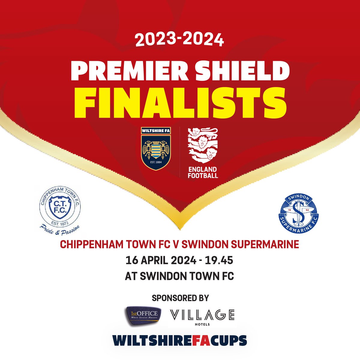 🥁Here are the Wiltshire FA #PremierShield Finalists... 🆚 @ChipTownFC v. @SupermarineFC 🛡 📅16 April (please note the date change) ⏰KO 19.45 🏟at @Official_STFC wiltshirefa.com/cups-and-compe… Sponsored by @1stOffice & Village Hotel Club (Swindon) #WiltshireFACups