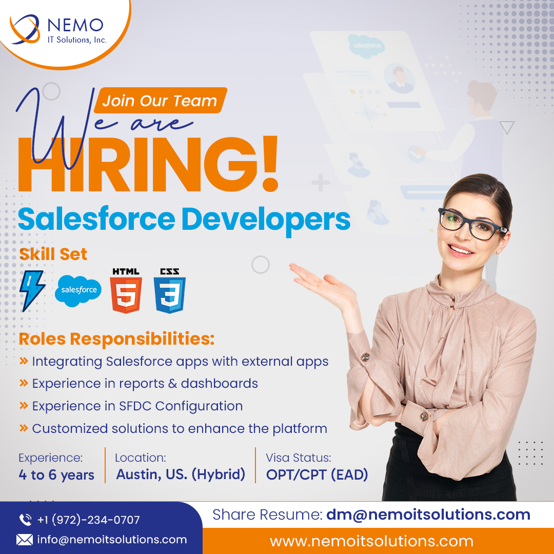 We're Hiring!!!
Position: Salesforce Developers & Experience: 4 to 6 Years
Email Resume: dm@nemoitsolutions.com
.
.
.
#salesforcejobs #salesforcedevelopers #salesforcejobsinusa #sfdcjobs #jobsinusa #usajobs #developerjobs #jobsintexas #salesforcedeveloper #sfdcdeveloper