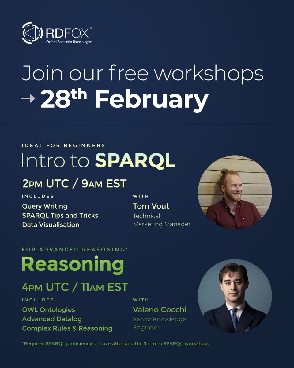 oxfordsemantic's tweet photo. Join our virtual workshop on 28th February!

Equipped for beginners to experts, learn all about #SPARQL, #Datalog, and #Reasoning from our in-house experts 🚀

📌 Find out more and sign up here: https://t.co/oy6yY2SIIa https://t.co/smVr7rvFkE