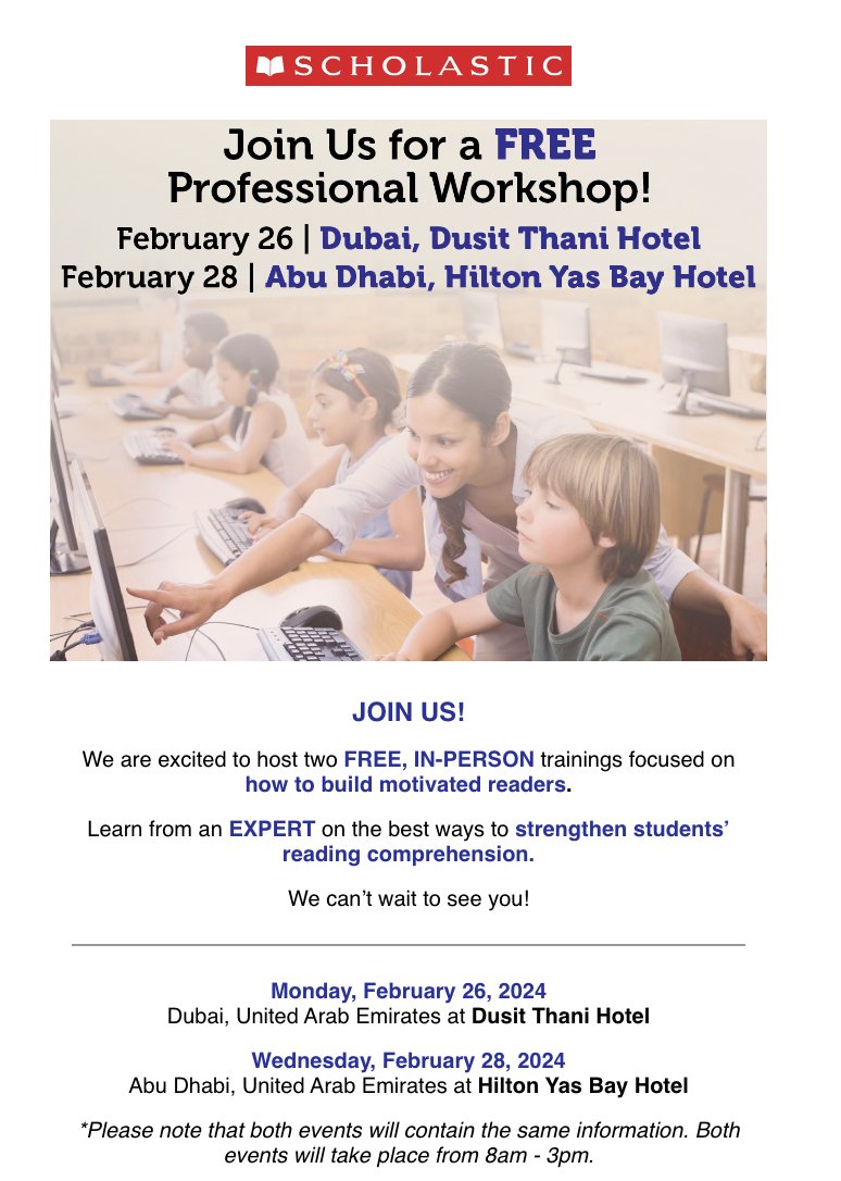 📢 Calling all English leads in the UAE 📢 Scholastic are running FREE Professional workshop February 26th Dubai February 28th Abu Dhabi Sign up here - lnkd.in/dAPYwSDQ #CollabUAE #FreeCPD