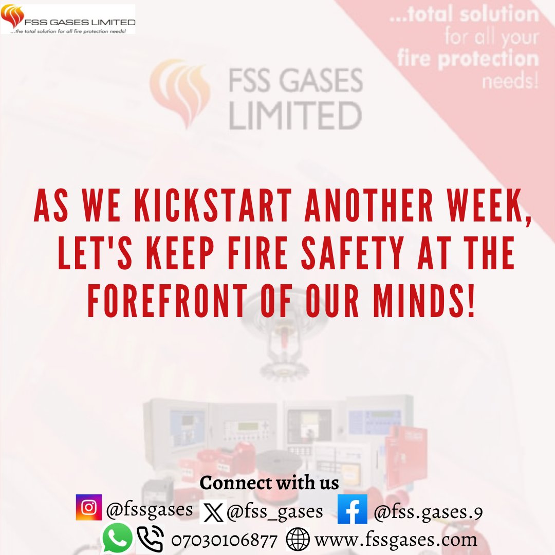 As we kickstart another week, let's keep fire safety at the forefront of our minds!🔥
Your safety matters, and taking proactive steps can prevent devastating consequences.

#OfficeSafety #SafetyFirst #SafeAndSound #FireSafetyFirst #PreventAndProtect #Fssgases #Yoursafetymatters