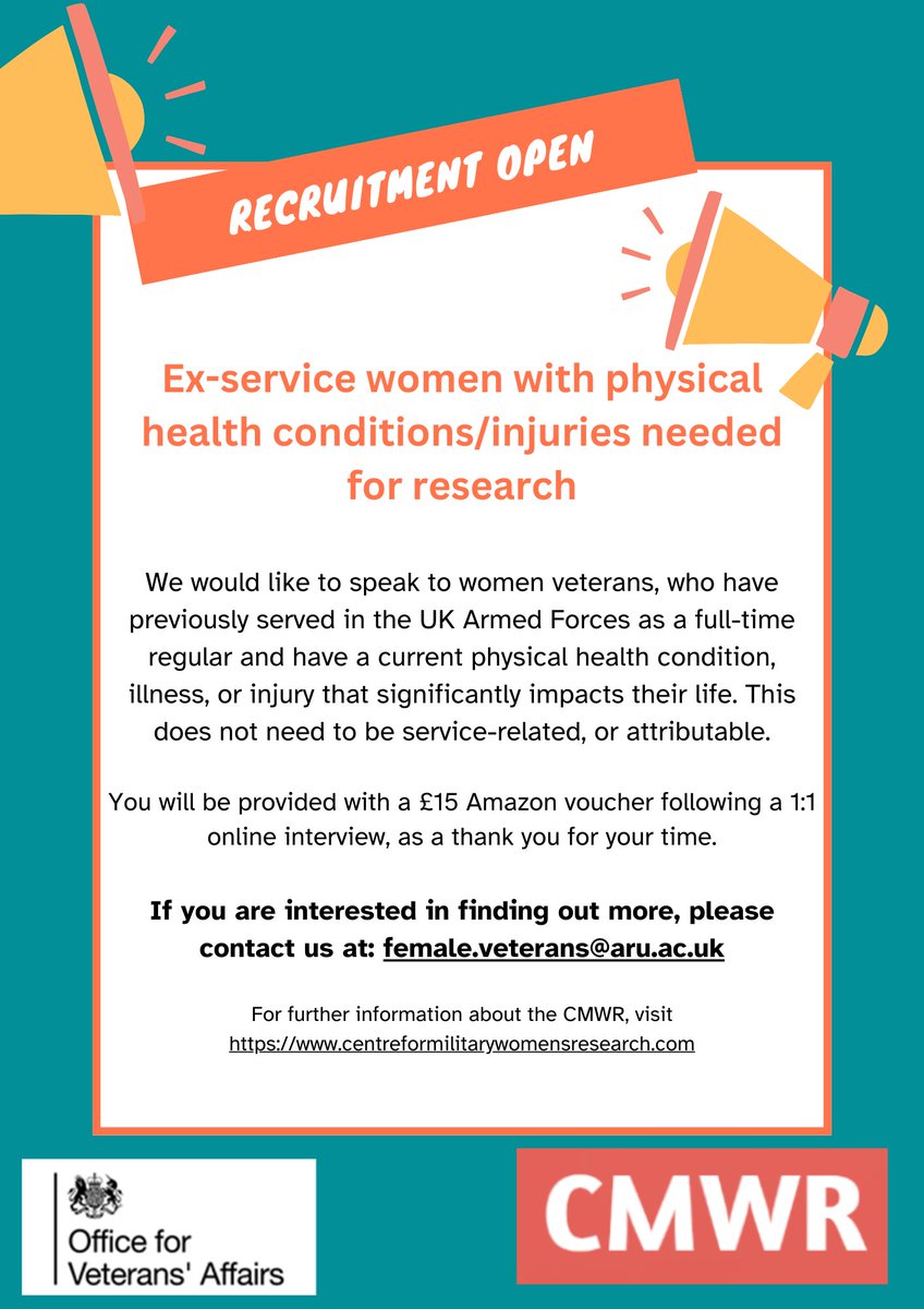 The Centre for Military Women’s Research are looking for participants in their latest research. If you are an ex-service woman with physical health conditions/injuries you are eligible. To be involved, please email female.veterans@aru.ac.uk #supportingthefrontline