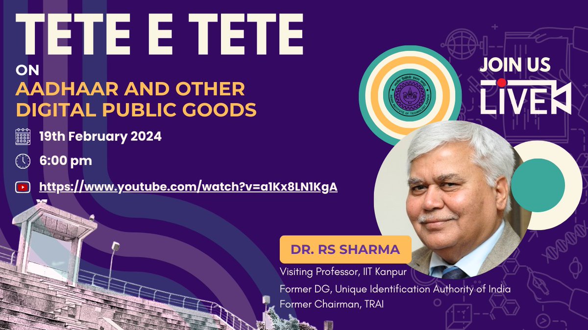 Join us for a live conversation with Dr. RS Sharma, the creator of Aadhaar, as we unravel the milestone digitization in the country, how it all began and what the future holds. youtube.com/live/a1Kx8LN1K… #Aadhaar #digitization #digitalindia #livechat #IITKanpur #iitk