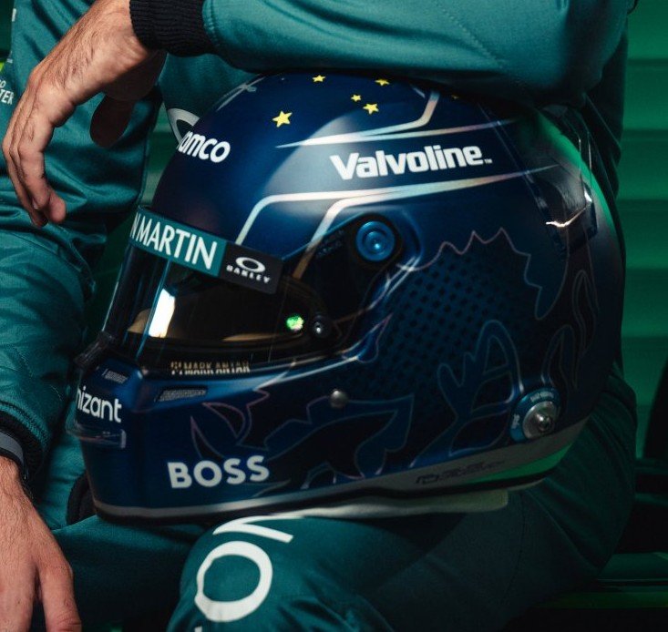 F1HLM's tweet photo. Helmets of Aston Martin drivers Fernando Alonso / Lance Stroll and reserve driver Felipe Drugovich
#fa14 #alonso #ls18 #stroll #drugovich #amrf1 #astonmartin #f1 #formula1 https://t.co/Goqo6cHIpc