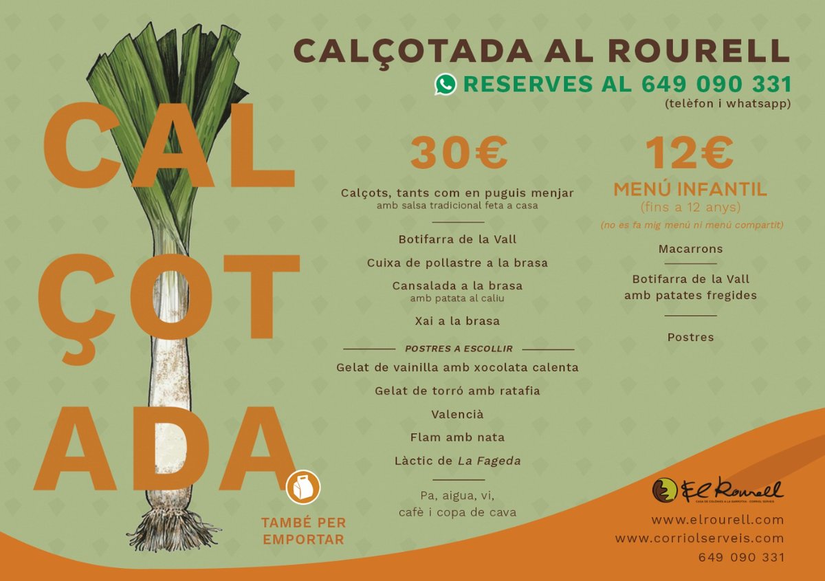 💥 Al Rourell estem a tope amb les calçotades! 

🌞 Si voleu gaudir d'un dia d'allò més complet, no dubteu a venir a casa!

🧅Tants calçots com puguis menjar
🎯 Zona de jocs per infants amb inflables!
🌱Espais verds per relaxar-se i compartir

📱Reserves: 649 090 331