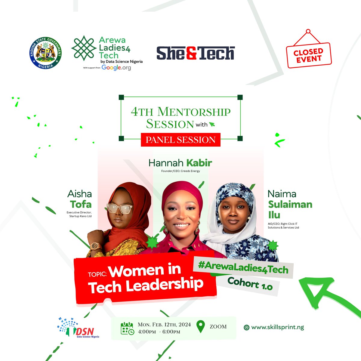 It's happening TODAY!

Join us for the final mentorship session of Cohort 1.0 #ArewaLadies4Tech participants.

Engage in a dynamic Panel Discussion led by three influential female figures from Northern Nigeria: @AishatuTofa representing <a href="/StartupKano/">Startup Kano - Center for Innovation Development</a>, <a href="/hannahkabir/">Hannah Kabir</a> from