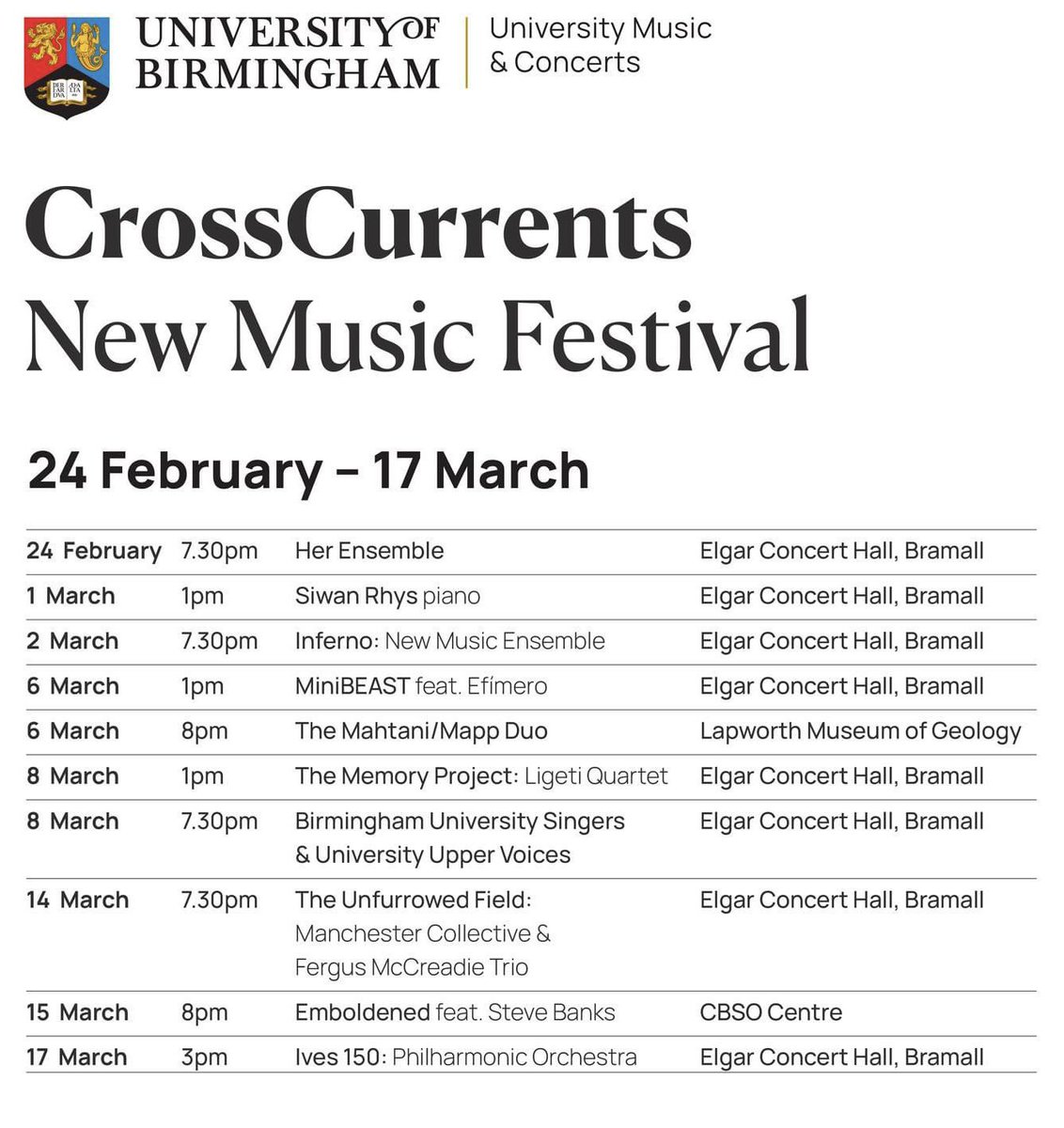 CrossCurrents Festival just around the corner and can’t wait! Kicking off with the amazing @her_ensemble (24 Feb) and @siwanrhys (1 March) with brand new commissions from @Crane1L, @bennobuto and Sasha Scott! 🤩 Get your tickets! 👉 barber.org.uk/crosscurrents2…