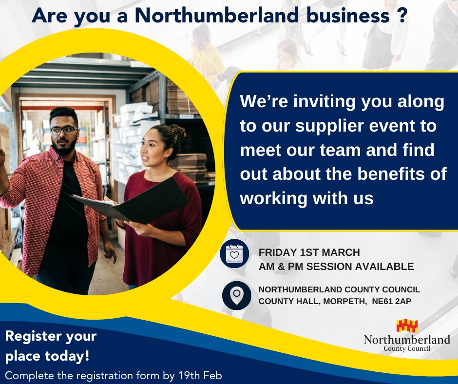 Do you want to do business with the council? 🤝

We’re hosting a FREE event on Fri 1 Mar to help local organisations find out more about council goods &amp; services &amp; how to find, bid &amp; contract with the council.

Book your place here 👉 nland.cc/SupplierDayReg…

#Northumberland