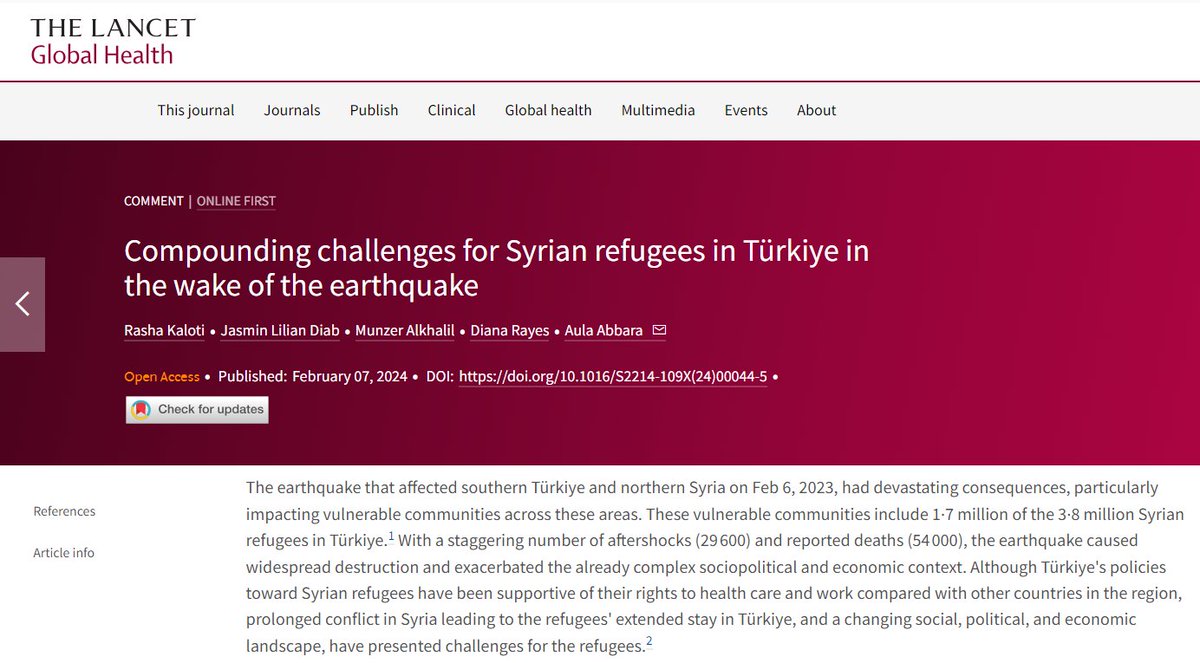 Jasmin Lilian Diab (@jasminldiab) on Twitter photo Just shy of the one year anniversary of the devastating 2023 Turkey-Syria Earthquakes, our latest piece for <a href="/LancetGH/">The Lancet Global Health</a> unpacks what refugeehood, support systems and the humanitarian landscape look like for over 1.7 million Syrian refugees in all their diversity.
Read the full Just shy of the one year anniversary of the devastating 2023 Turkey-Syria Earthquakes, our latest piece for <a href="/LancetGH/">The Lancet Global Health</a> unpacks what refugeehood, support systems and the humanitarian landscape look like for over 1.7 million Syrian refugees in all their diversity.
Read the full