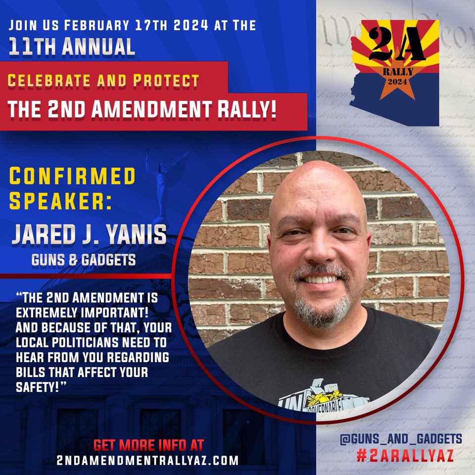 Guns_Gadgets's tweet photo. So pumped to be speaking at the 11th annual 2A Rally by  @2ARallyAZ this weekend! Do not miss this event if you are in the Phoenix area. Come say hi and celebrate our rights!! https://t.co/8OWixl2lJs