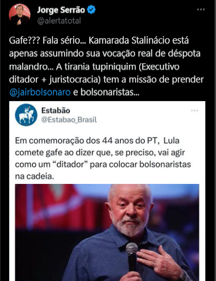 BrazilenDireita's tweet photo. ACORDA #BRASIL...
"Em comemoração dos 44 anos do #PT, #Lula declara explicitamente que vai agir como #DITADO' para colocar #bolsonaristas na cadeia." ??? https://t.co/q7hIcYPi3A