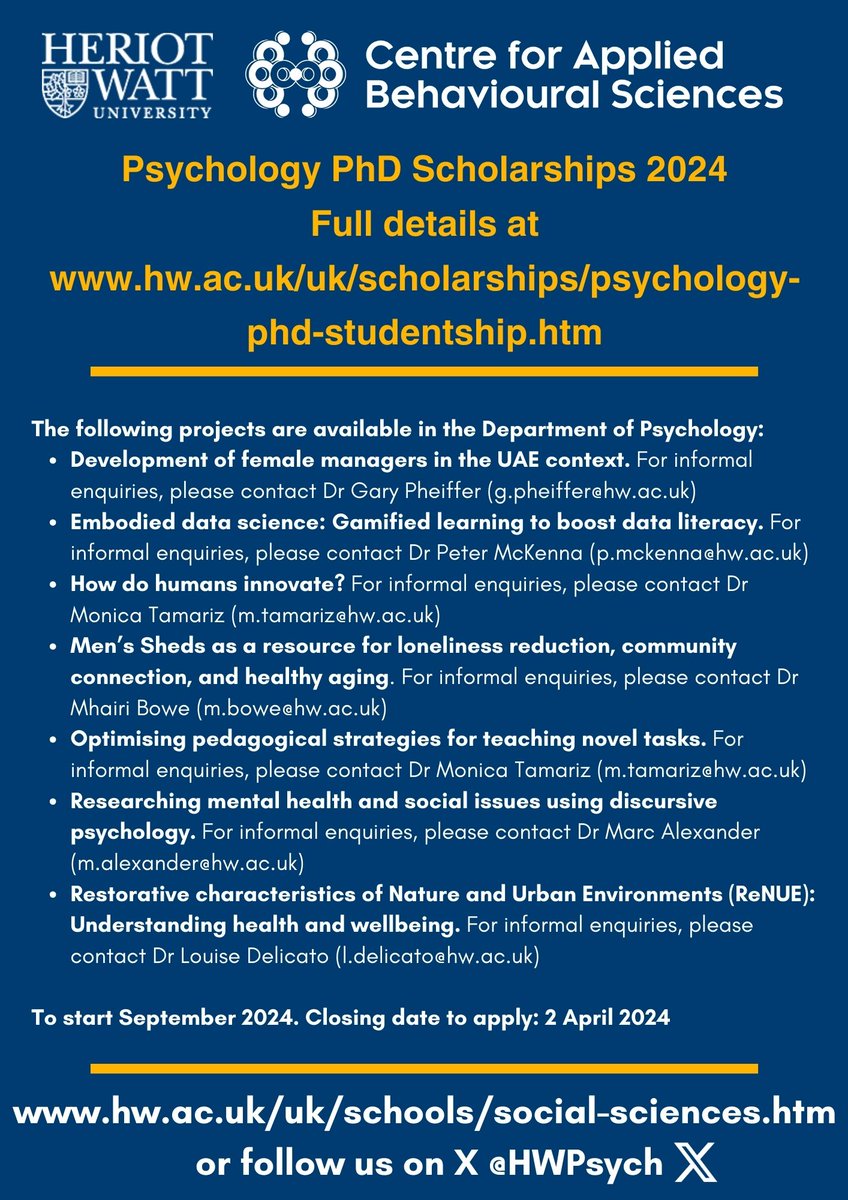 Closing date today: Psychology PhD Scholarships @HeriotWattUni to start from September 2024, closing date 2 April. Projects cover gamified learning, manager development, healthy ageing, restorative environments and more. Projects below and full details at hw.ac.uk/uk/scholarship…
