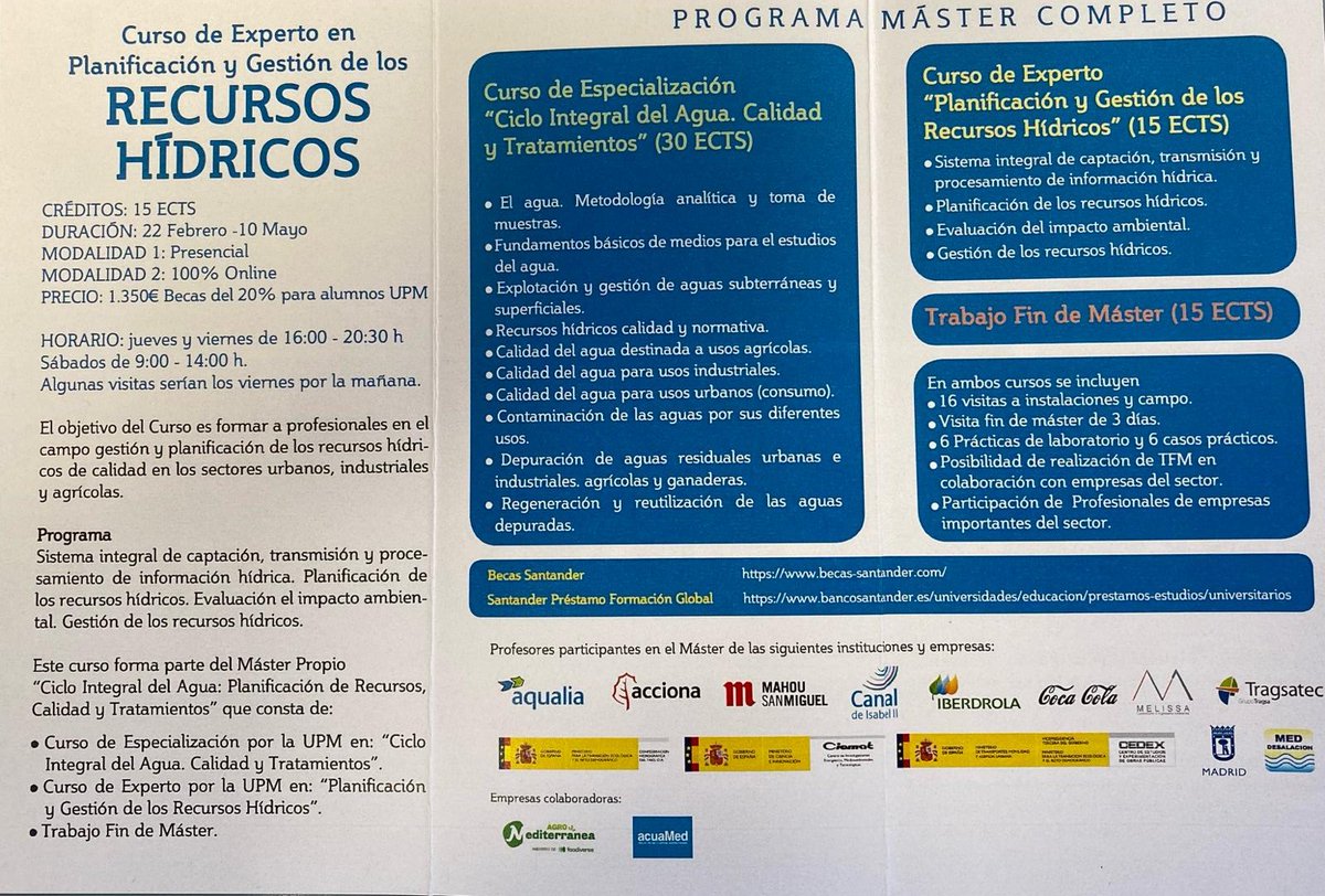 El 22 de febrero  comienza  en la <a href="/etsiaab/">ETSIAAB / #AlimentaElFuturo</a> el curso  de experto  en Planificación y Gestión de los Recursos  Hídricos,  curso que forma parte  del máster propio  Ciclo Integral del Agua. Esta abierto el periodo de matrícula.

#masterCIA <a href="/La_UPM/">Universidad Politécnica de Madrid</a>