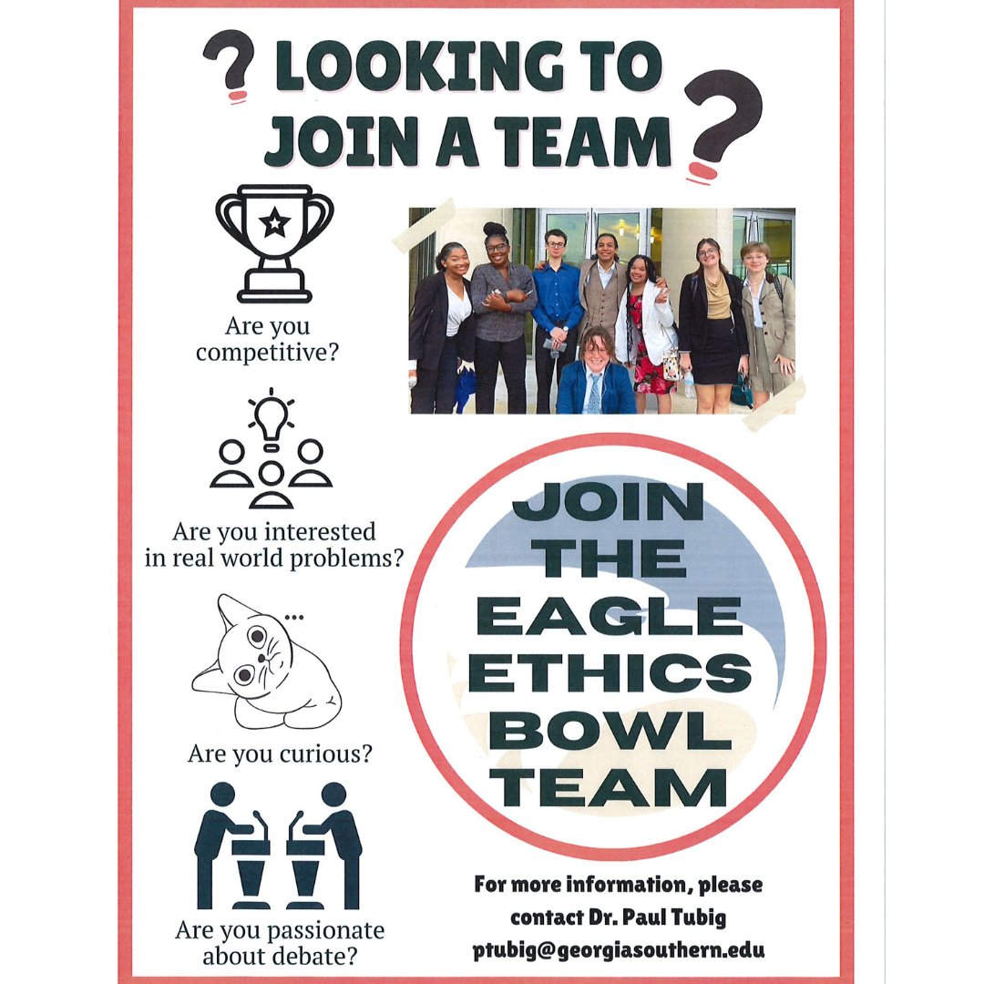 GaSouPHILRS's tweet photo. Want to know more about the ethics bowl and Georgia Southern's ethics bowl team? Come join our interest &amp; information meeting on the Eagle Ethics Bowl team! It will be on Friday, 02/16 at 1pm in Newton 1108.

#ethicsbowl #eaglephilosophers #parsatgsu #ourcahfamily https://t.co/oGA2VCn14q