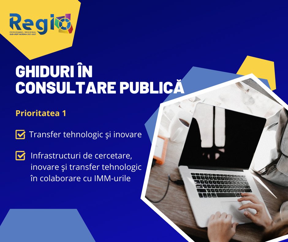 Lansăm în consultare publică două ghiduri din cadrul Programului Regional Sud-Vest Oltenia:
Transfer tehnologic și inovare.
Infrastructuri de cercetare, inovare și transfer tehnologic în colaborare cu IMM-urile.
Detalii: facebook.com/adrsvoltenia/p…