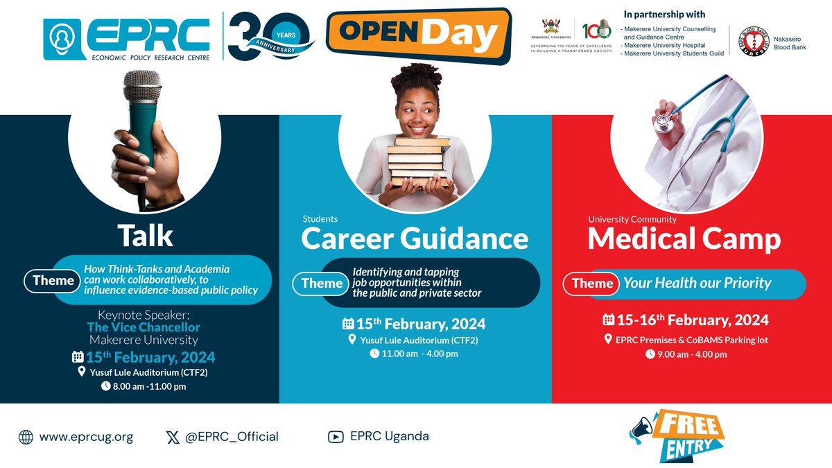 Proud to be part of .@EPRC_official 30-year Journey and the Celebratory Open Day talk on how think tanks and universities can work together to influence evidence-based public policy in Uganda .@ProfNawangwe @MakerereVC will be the Keynote speaker.  @Makerere @MakSPH @ritahnamisi