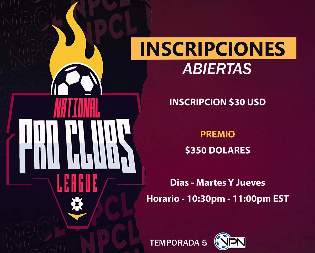¡Inscripciones Abiertas!
Únete a la #NationalProClubsLeague para nuestra 5ta temporada. Escríbenos para registrar tu equipo sea de #Xbox o #PS5.

📅 Jueves, 22 de Febrero
🕥 10:30PM Este 🇺🇲
💵 $350

Discord: discord.gg/767QuZP7

#NPCL #VirtualProNetwork #EAFC24 #ProClubs