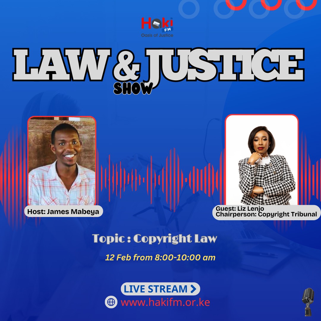 HAKIFM1's tweet photo. Catch us live tomorrow on the Law and Justice show as we dive deep into Copyright Law with Liz Lenjo the Chairperson of the Copyright Tribunal.
#Sharon #PresidentWilliamRuto #Talai #EliudKipchoge https://t.co/bAe58KQvs1