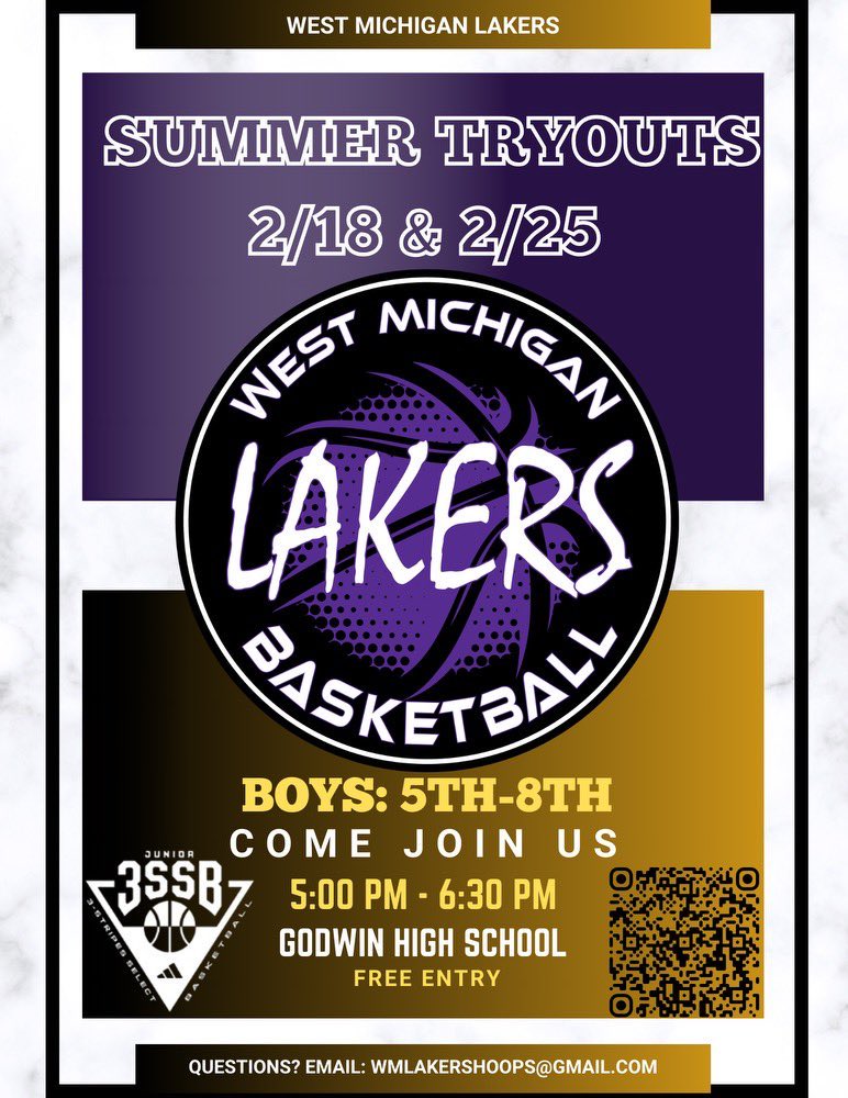 6 days away…Spring/Summer tryouts! February 18 5-6:30 pm @ Godwin Heights HS. #LakersTogether