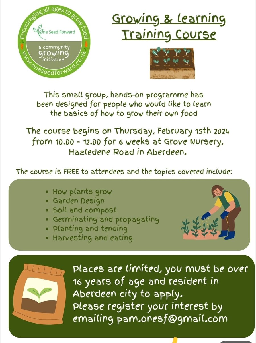 🧄🥔🥕 Want to grow you own food? 🥕🥔🧄

There is still time to join the Growing & Learning Training Course starting this Thursday with One Seed Forward

Email pam.onesf@gmail.com to enquire!

#GraniteCityGoodFood #GoodFoodAberdeen #GrowYourOwn #GoodFoodMovement