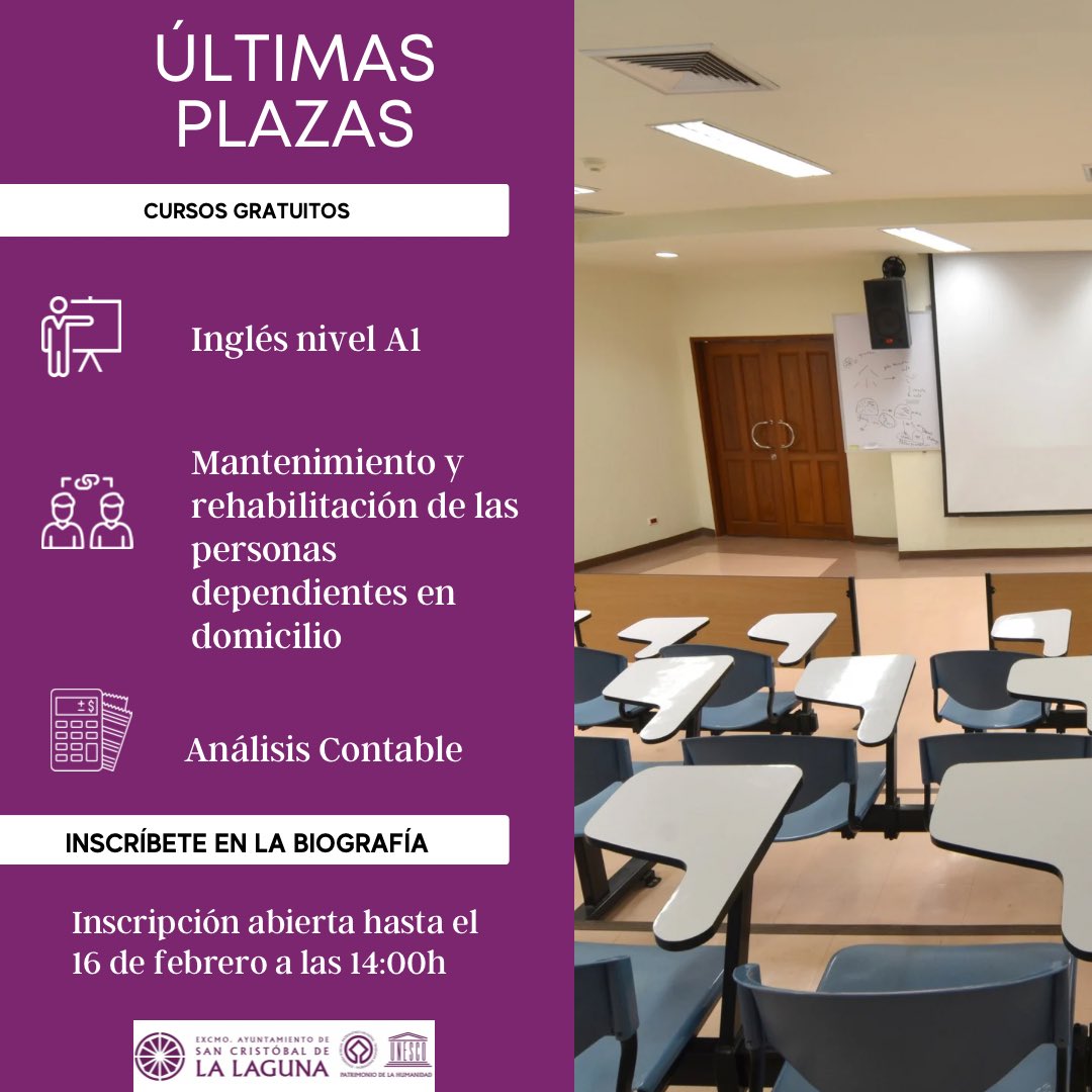 ÚLTIMAS PLAZAS 📝

CURSOS GRATUITOS 
📍INGLÉS NIVEL A1 
📍MANTENIMIENTO Y REHABILITACION DE LAS PERSONAS DEPENDIENTES EN DOMICILIO
📍ANÁLISIS CONTABLE  

INSCRIPCIÓN ABIERTA HASTA EL VIERNES 16 DE FEBRERO A LAS 14:00h

INSCRÍBETE: 
bit.ly/4b9zU6y 

#cusosgratuitos