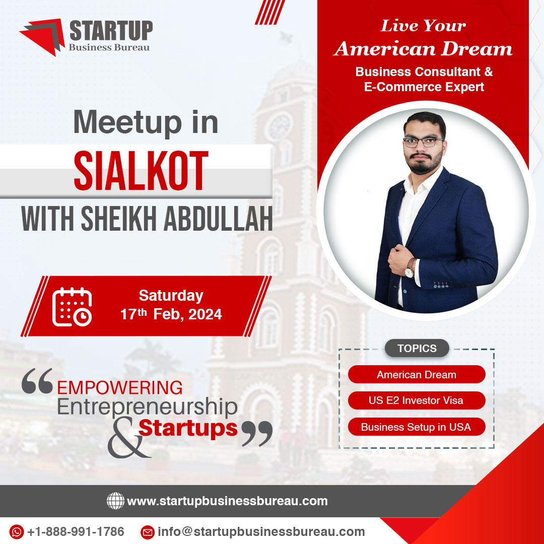 Meet up with Sheikh Abdullah Business Consultant, Advisor &amp; E-Commerce Expert!

Call us for a Free Consultation at
📞+1-888-991-1786
Or book your consultation here 🌐: form.jotform.com/222901875552459

#startupbusinessbureau #business #investment #usa #E2visa #Meetup #Sialkot