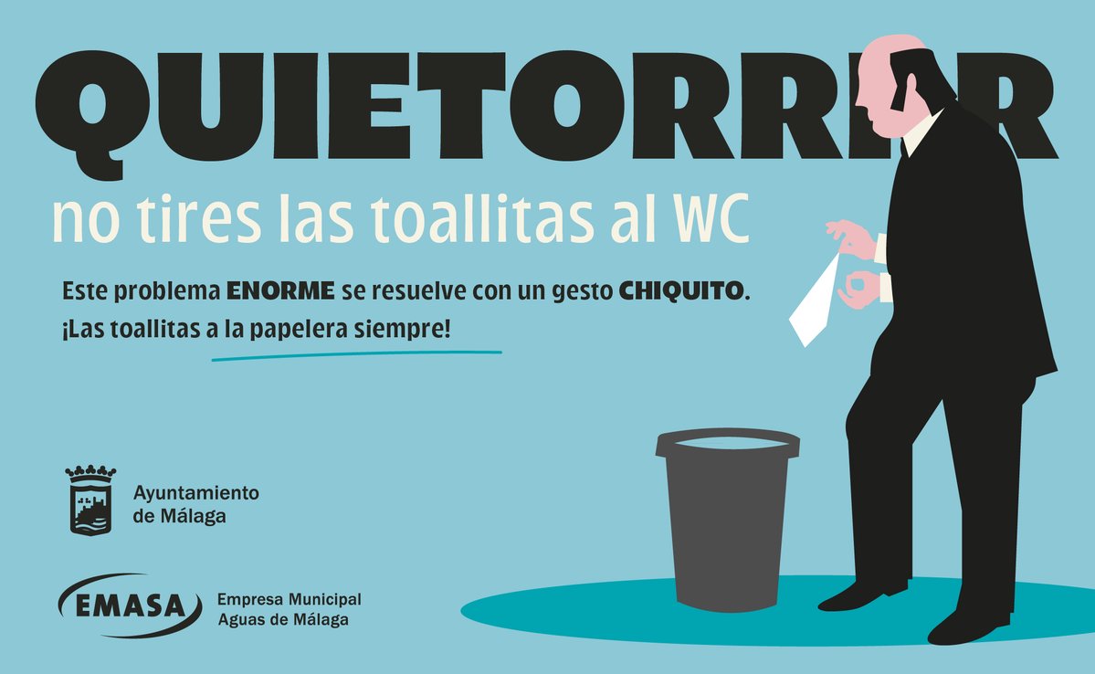 ¡¡Quietorrrrr!!  Nunca tires las toallitas al wc, pecador de la pradera, ¡siempre a la papelera! 🗑️  

Y es que las toallitas generan un problema ENORME para Málaga que puede resolverse con un gesto muy CHIQUITO  🤏  

#EMASAMálaga #LasToallitasALaPapeleraSiempre