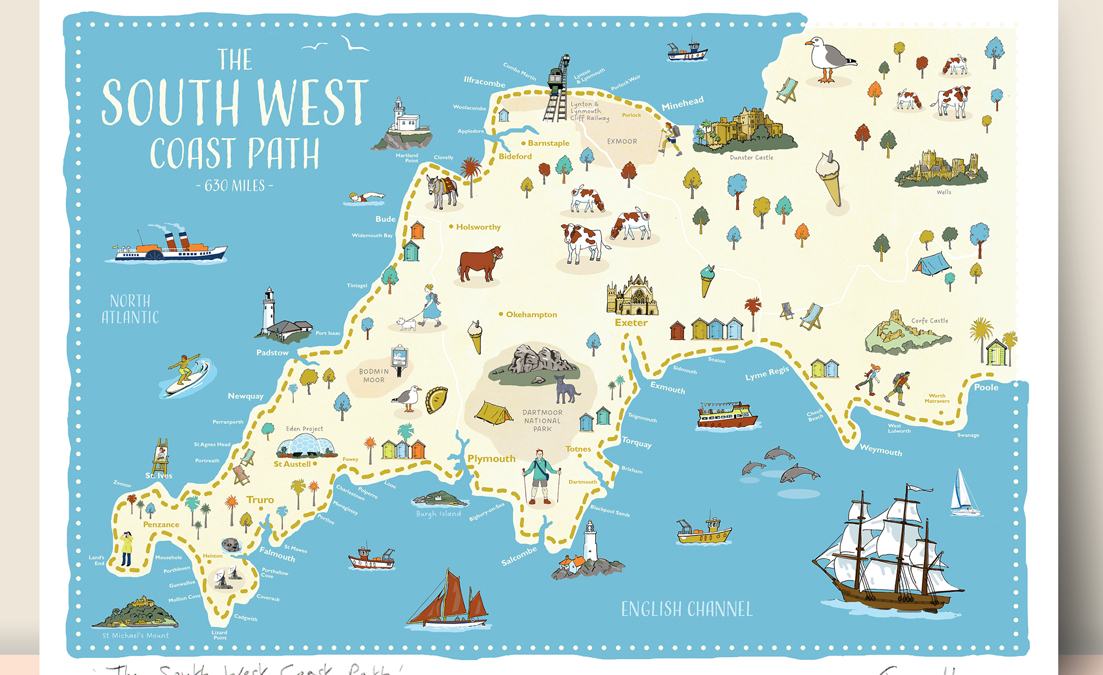 New illustrated map print of the South West Coast Path - a 630 mile long distance footpath around the glorious coastline of West Somerset, Devon, Cornwall and Dorset.
#southwestcoastpath #map #walkingholiday #illustration #cornwall #hikingadventures #travelposter